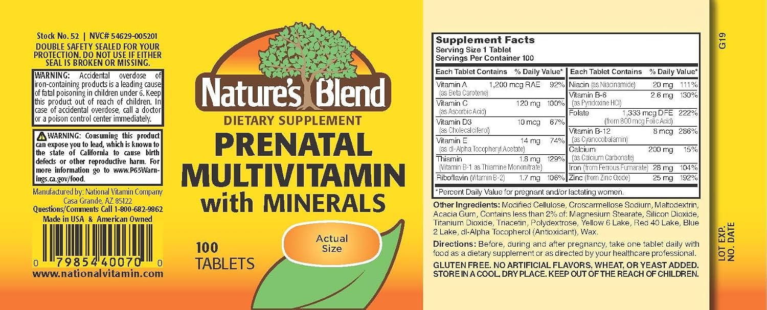 Nature's Blend Prenatal Formula Multivitamin - 100 Tablets