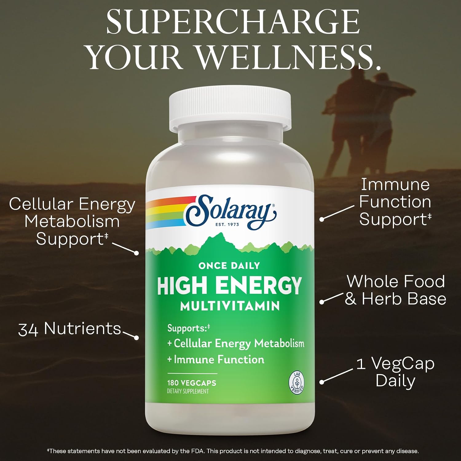SOLARAY Once Daily High Energy Multivitamin - Vitamin C, D, B12 - 180 Veg Capsules