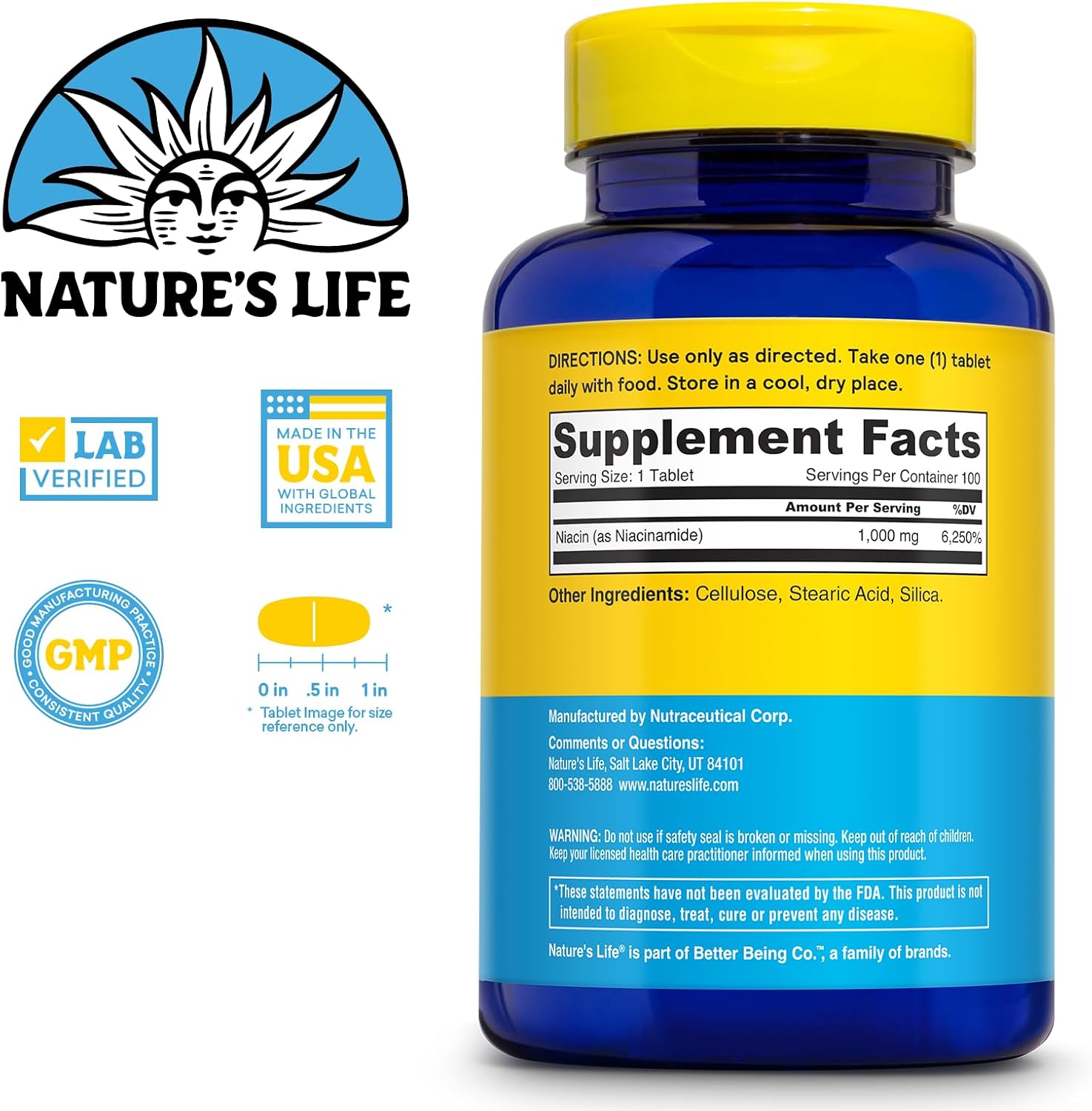 Nature's Life Energising Niacinamide, Vitamin B3 1000 mg – No Flush Niacin Supplement – 100 Tablets