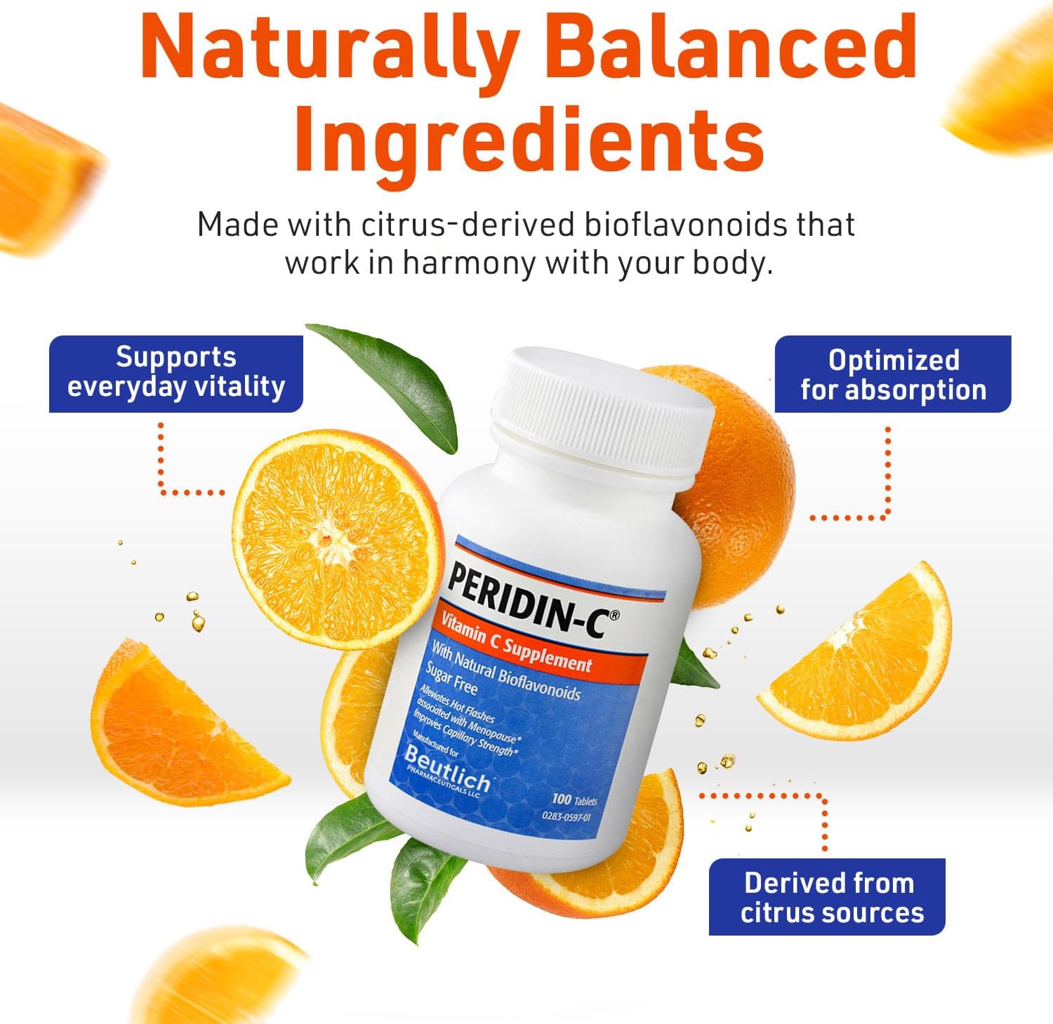 Peridin-C Vitamin C with Citrus Bioflavonoids – Daily Antioxidant Support – Gentle, Sugar-Free, and Gluten-Free – Easy-to-Swallow Tablets – 100 Count
