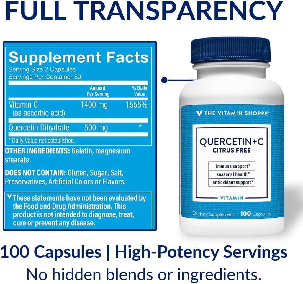 The Vitamin Shoppe Quercetin + C – Citrus-Free – 1400mg Vitamin C & 500mg Quercetin – Immune Support – 100 Capsules