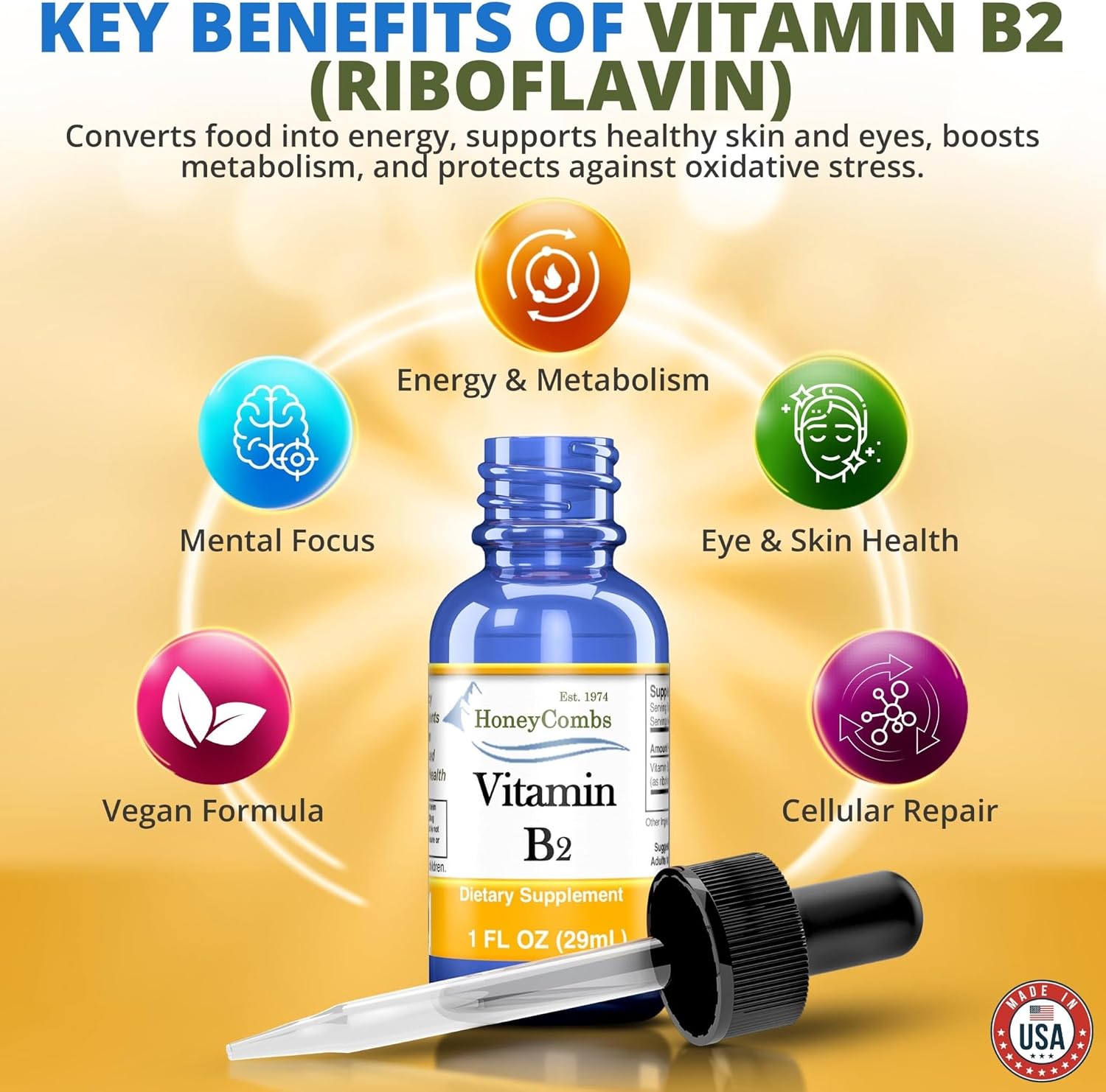 HoneyCombs Vitamin B2 Liquid Drops – High Potency Riboflavin Supplement – Alcohol Free, Vegan – 1 fl oz (30 mL)