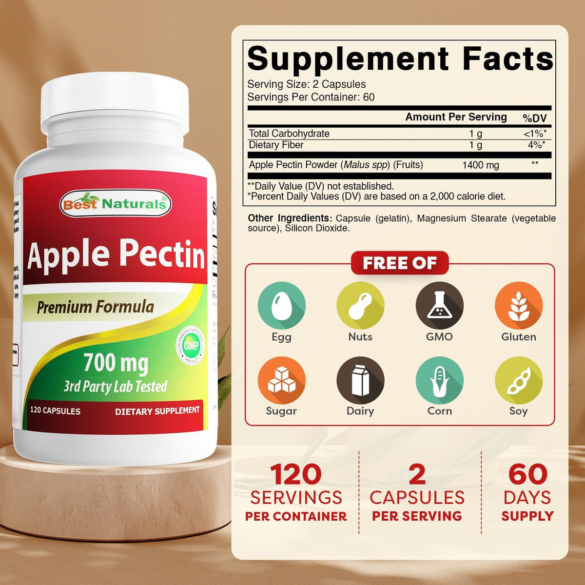 Best Naturals Apple Pectin 700 mg, 120 Capsules - görsel 2