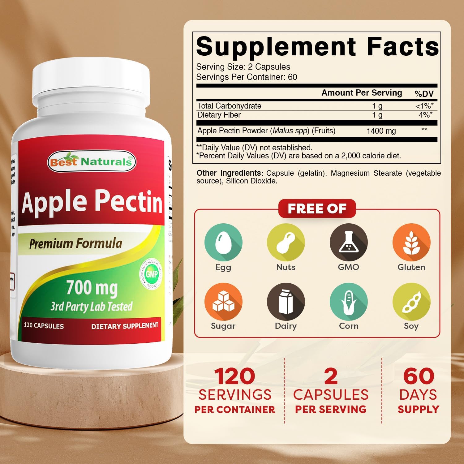 Best Naturals Apple Pectin 700 mg, 120 Capsules - görsel 2