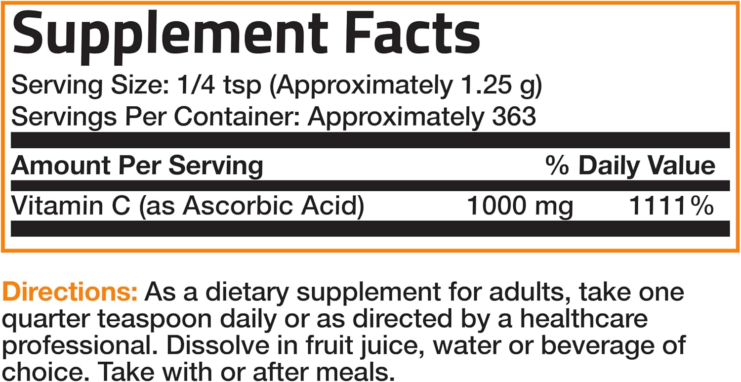 Bronson Vitamin C Powder – Pure Ascorbic Acid, Non-GMO, Fine Crystals – 454 g (1 lb)