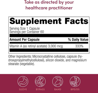 Bariatric Advantage Vitamin A 3,000 mcg - for Bariatric Surgery Patients - Easy-Digest Mini Capsules - 60 Count (2 Pack)