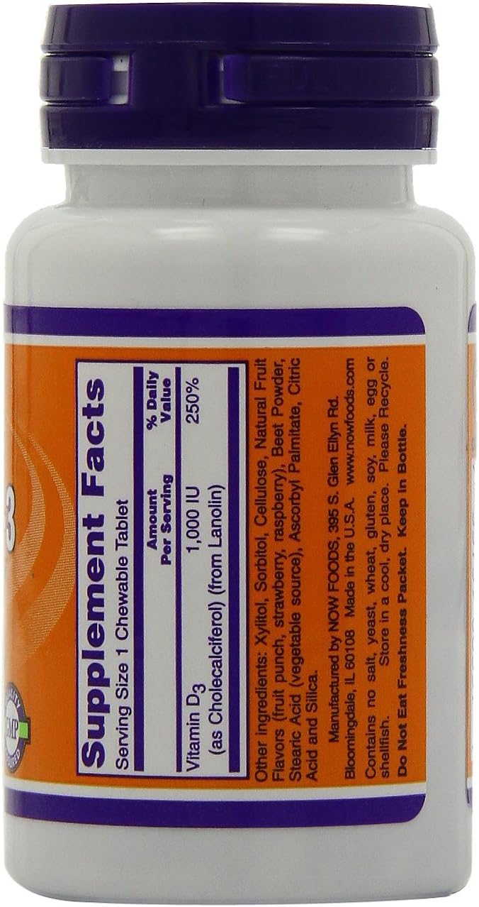 NOW Foods Vitamin D3 1,000 IU 180 Chewable Tablets (Pack of 2)