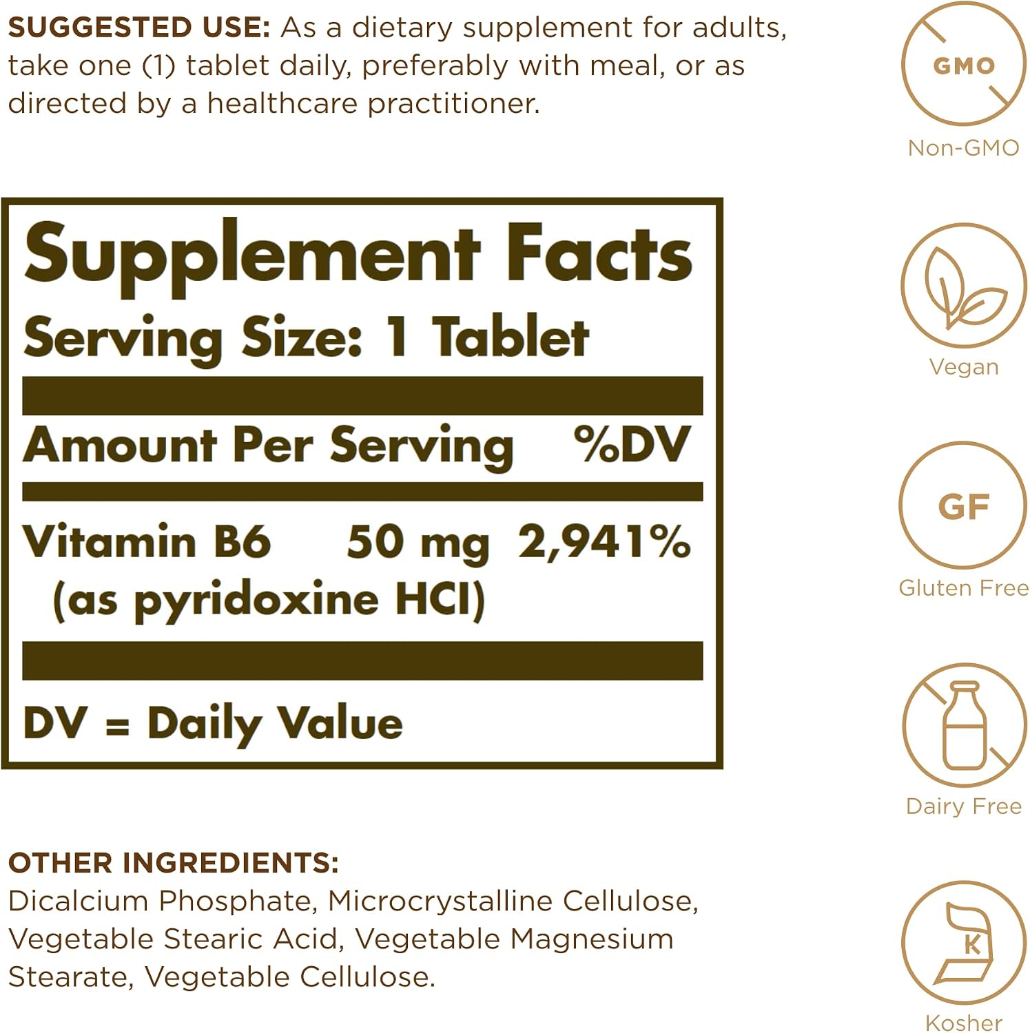 Solgar Vitamin B6 50 mg - 100 Tablets - Non-GMO, Vegan, Gluten-Free, Dairy-Free, Kosher, Halal