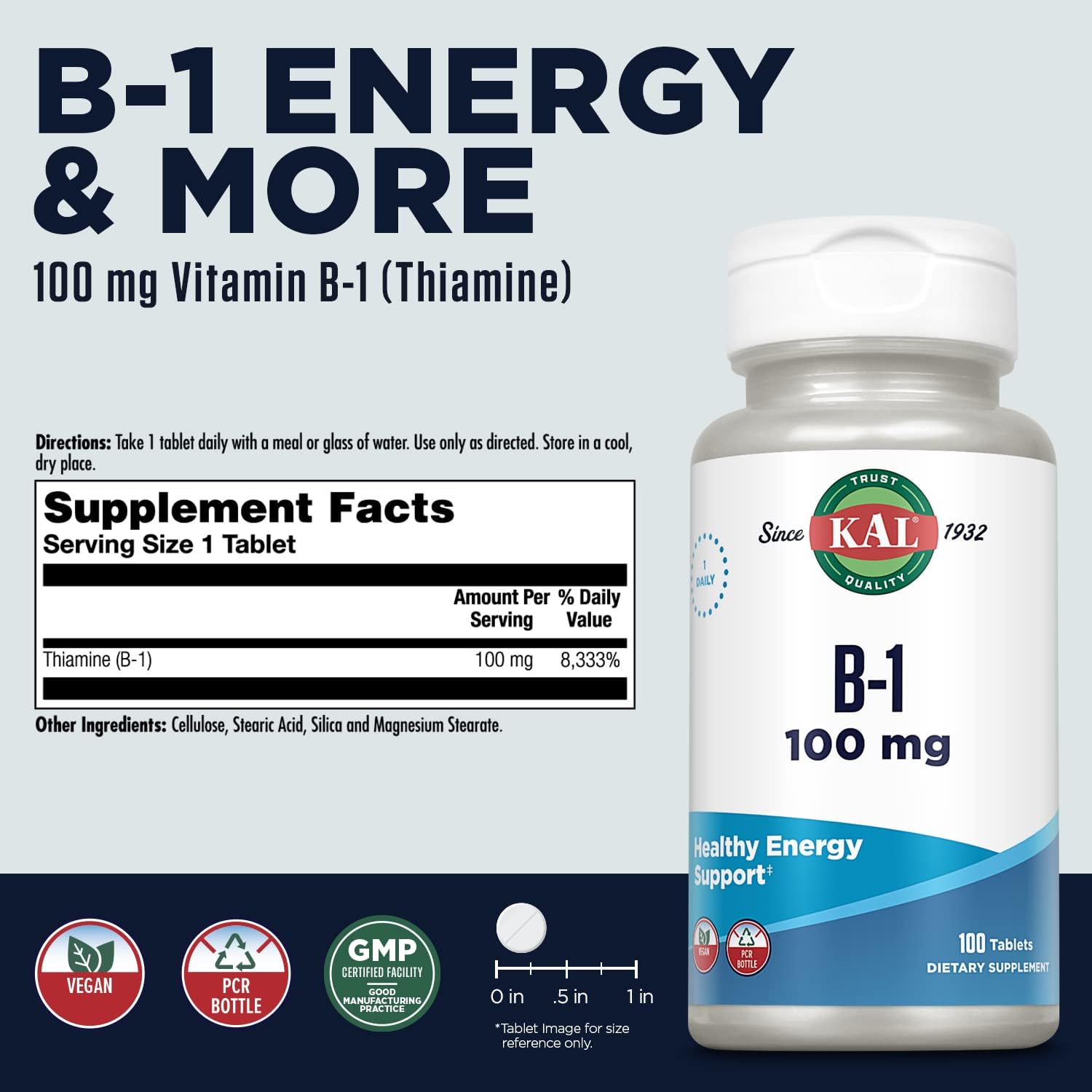 KAL Vitamin B1 100 mg – Thiamine for Energy, Metabolism, and Nervous System Health – 100 Tablets