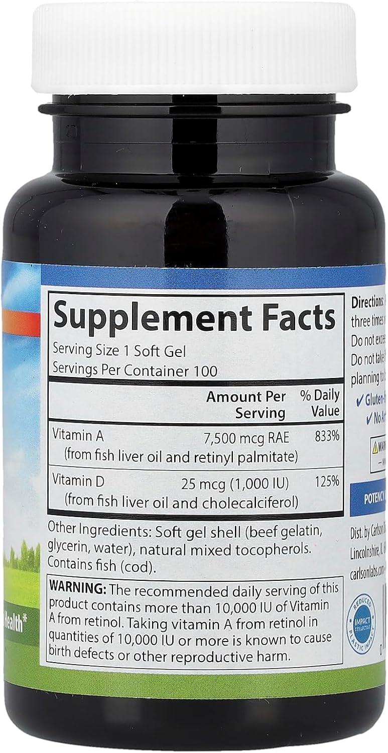 Carlson Labs Vitamin A & D, 25000/1000 IU, 100 Softgels