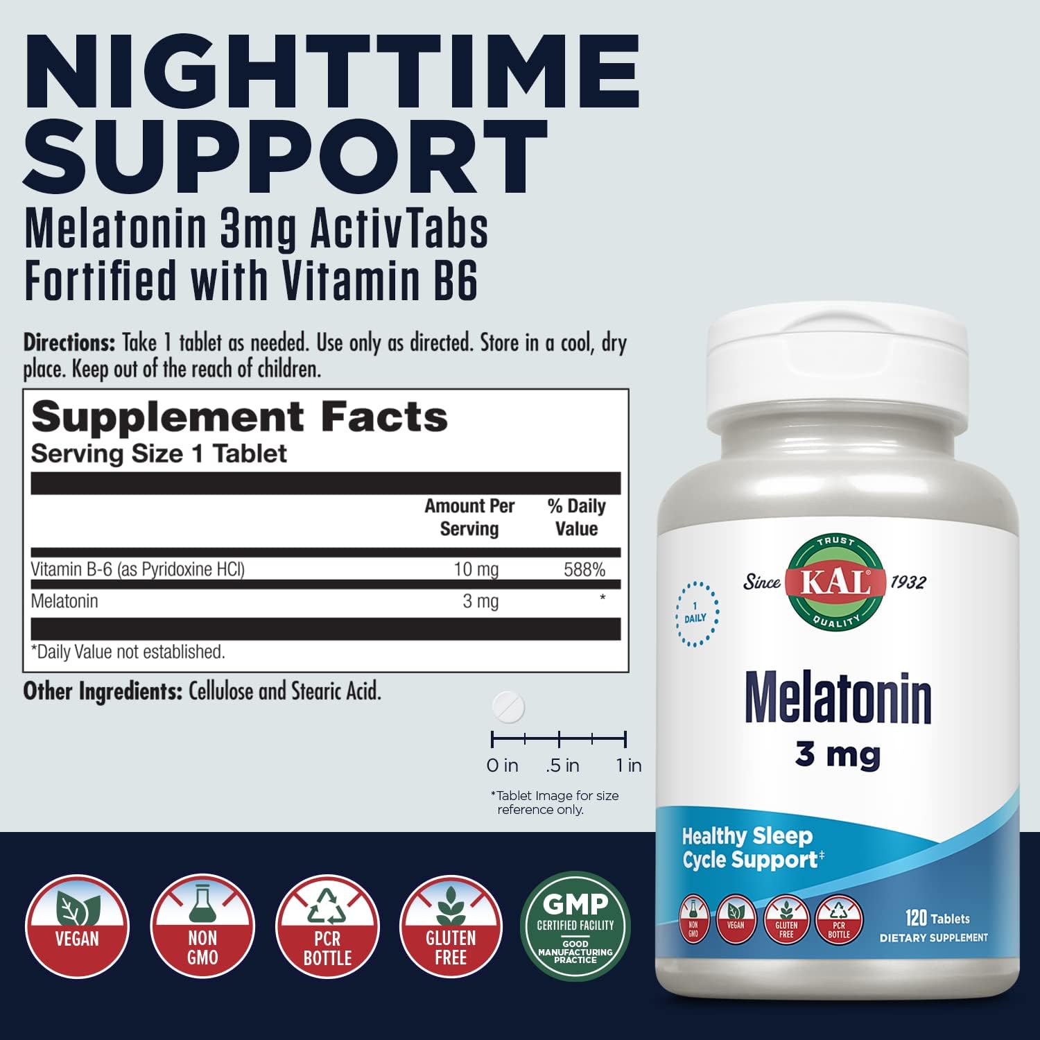 KAL Melatonin 3 mg Rapid-Dissolve Sleep Aid with Vitamin B6