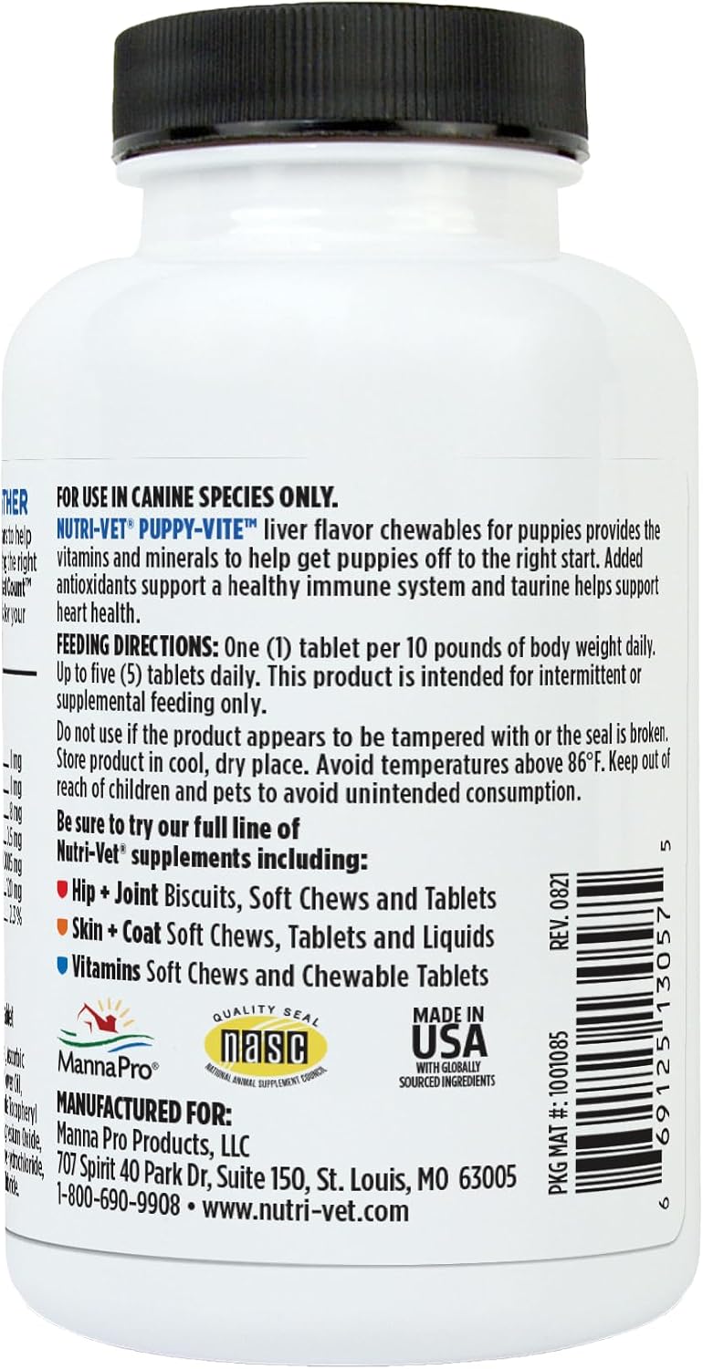 Nutri-Vet Puppy-Vite Chewable Tablets for Puppies - Daily Canine Multivitamin with Essential Vitamins & Minerals, 60 Count
