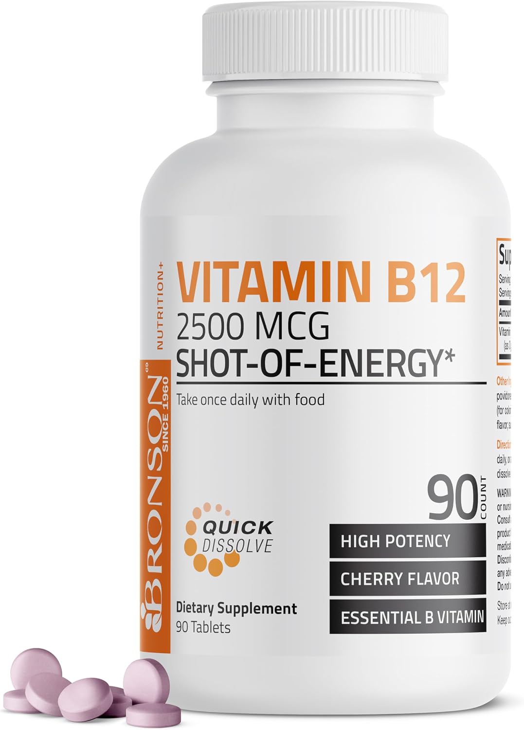 Bronson Vitamin B12 2500mcg Fast Dissolve Sublingual Tablets, Cherry Flavour, 90 Count