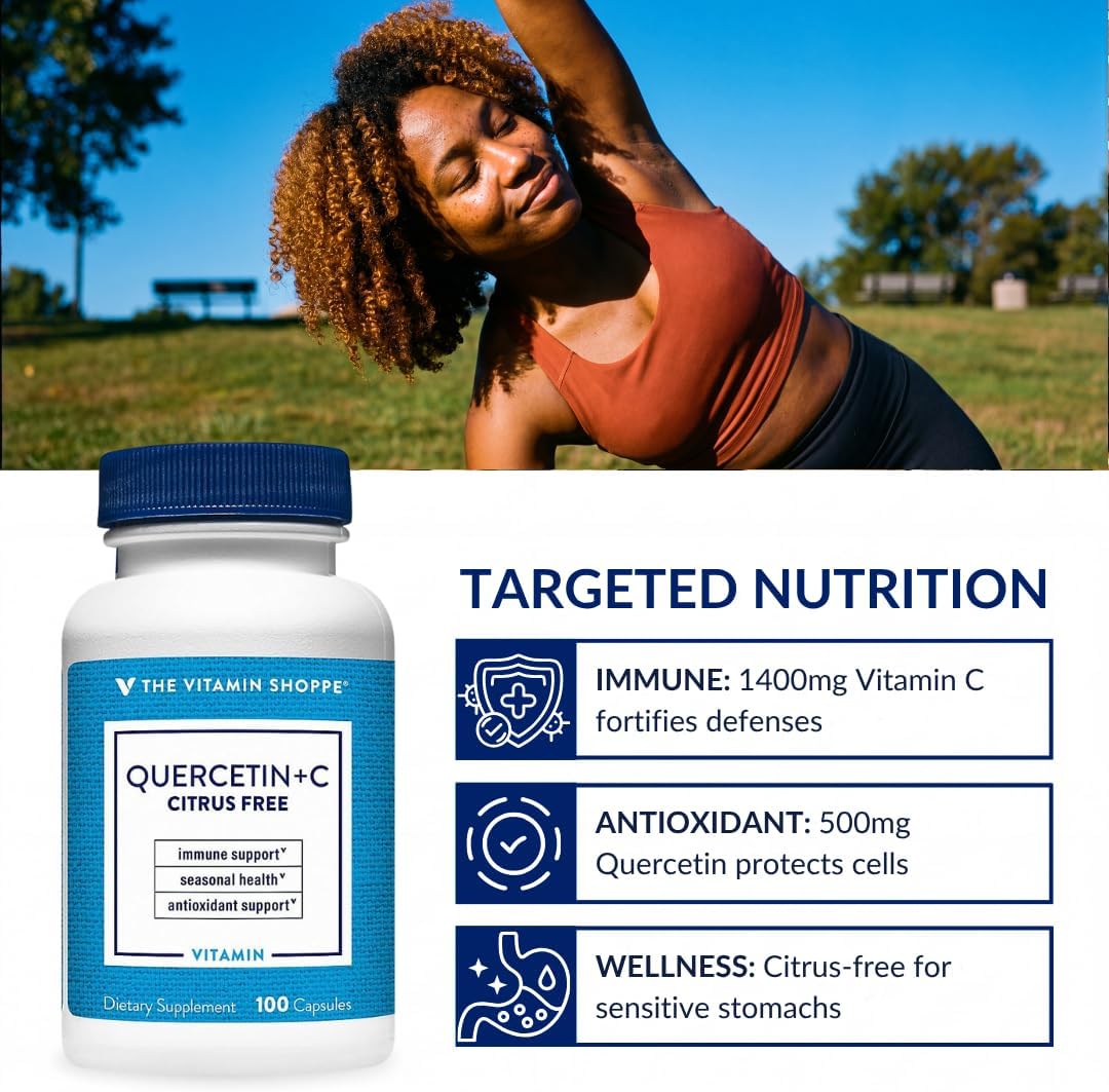 The Vitamin Shoppe Quercetin + C – Citrus-Free – 1400mg Vitamin C & 500mg Quercetin – Immune Support – 100 Capsules