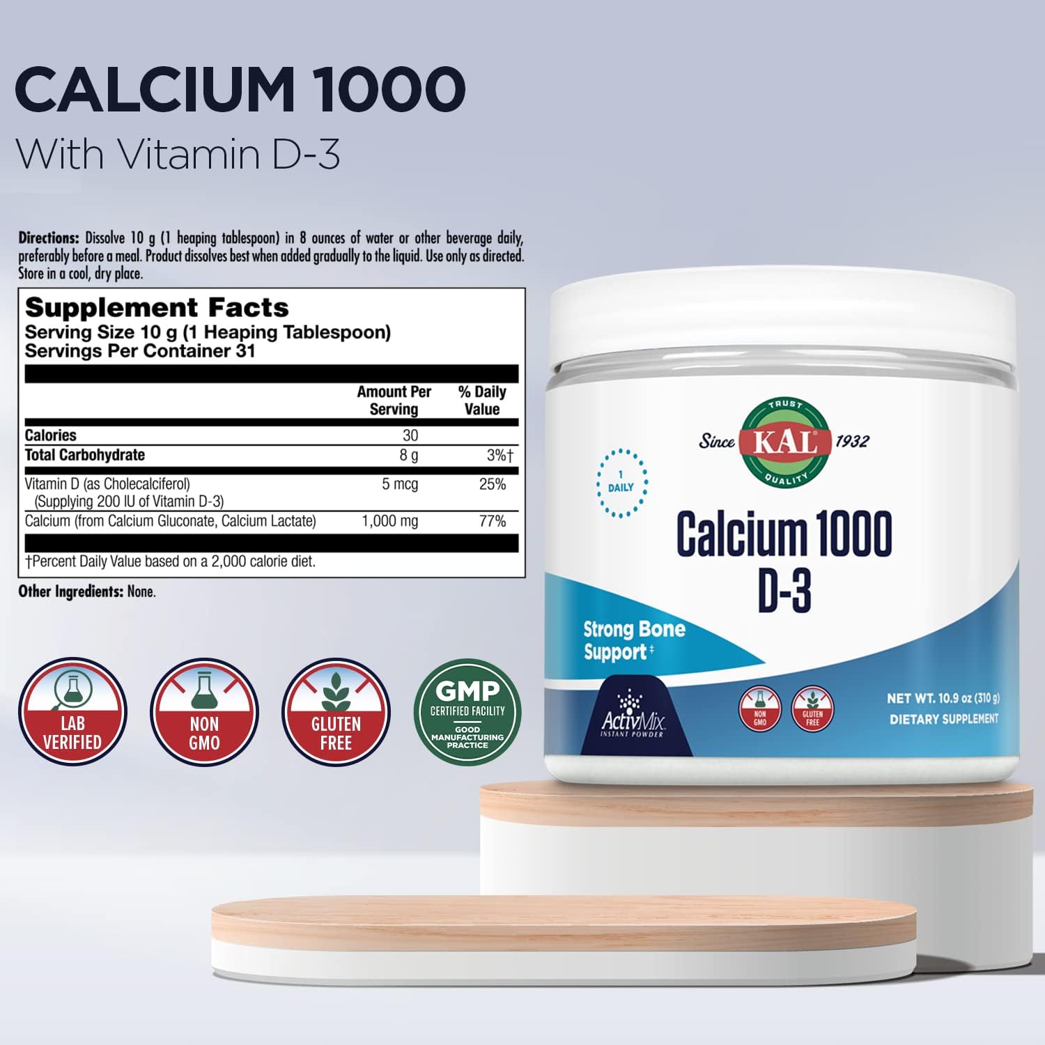 KAL Calcium Vitamin D-3 ActivMix Powder - Bioavailable Calcium Support, Unflavoured, 31 Servings