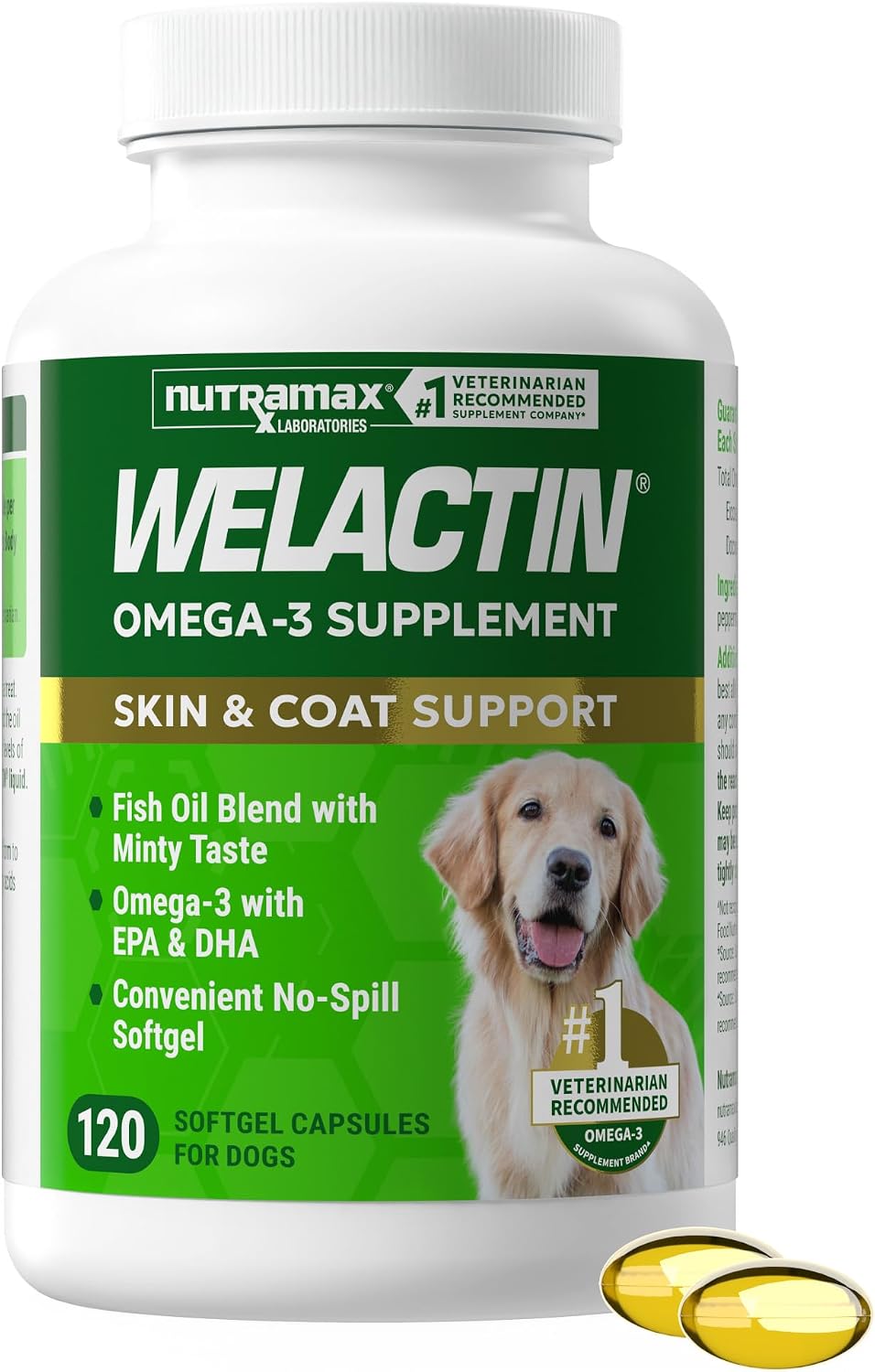 Nutramax Welactin Canine Softgels - Omega-3 Supplement for Dogs (120 Softgels)