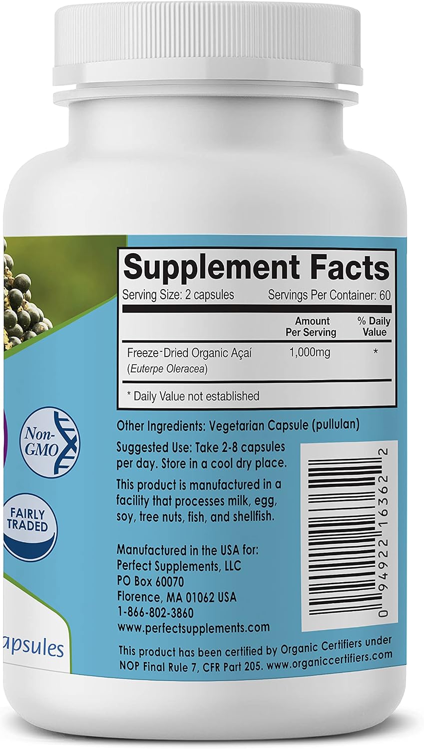 Perfect Supplements Organically Grown Perfect Acai - Freeze-Dried Acai Supplement - 120 Vegetable Capsules