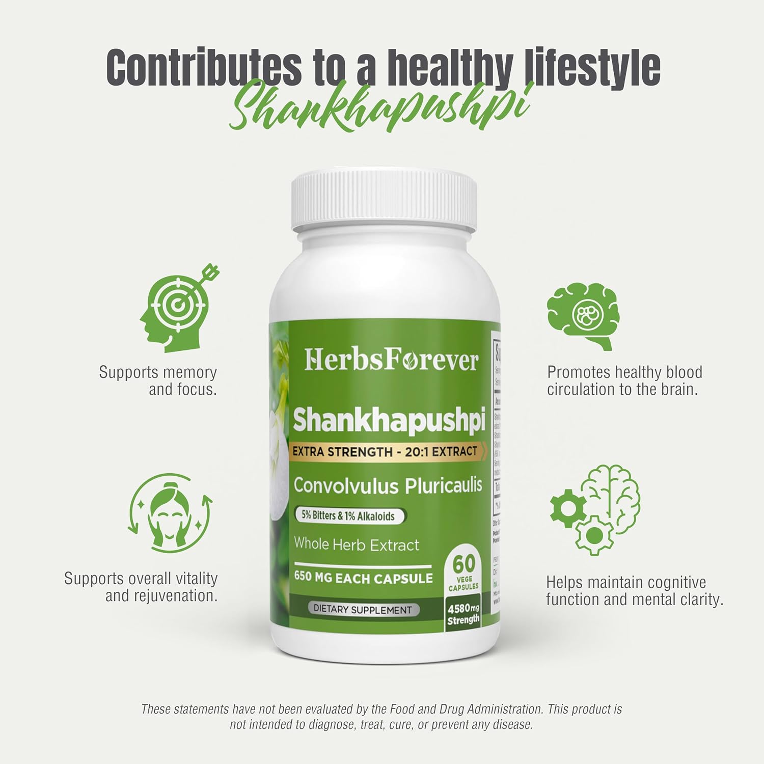 Herbsforever Shankhpushpi (Convolvulus pluricaulis) Extra-Strength Extract - Brain Tonic & Cognitive Focus - 60 Veg Capsules