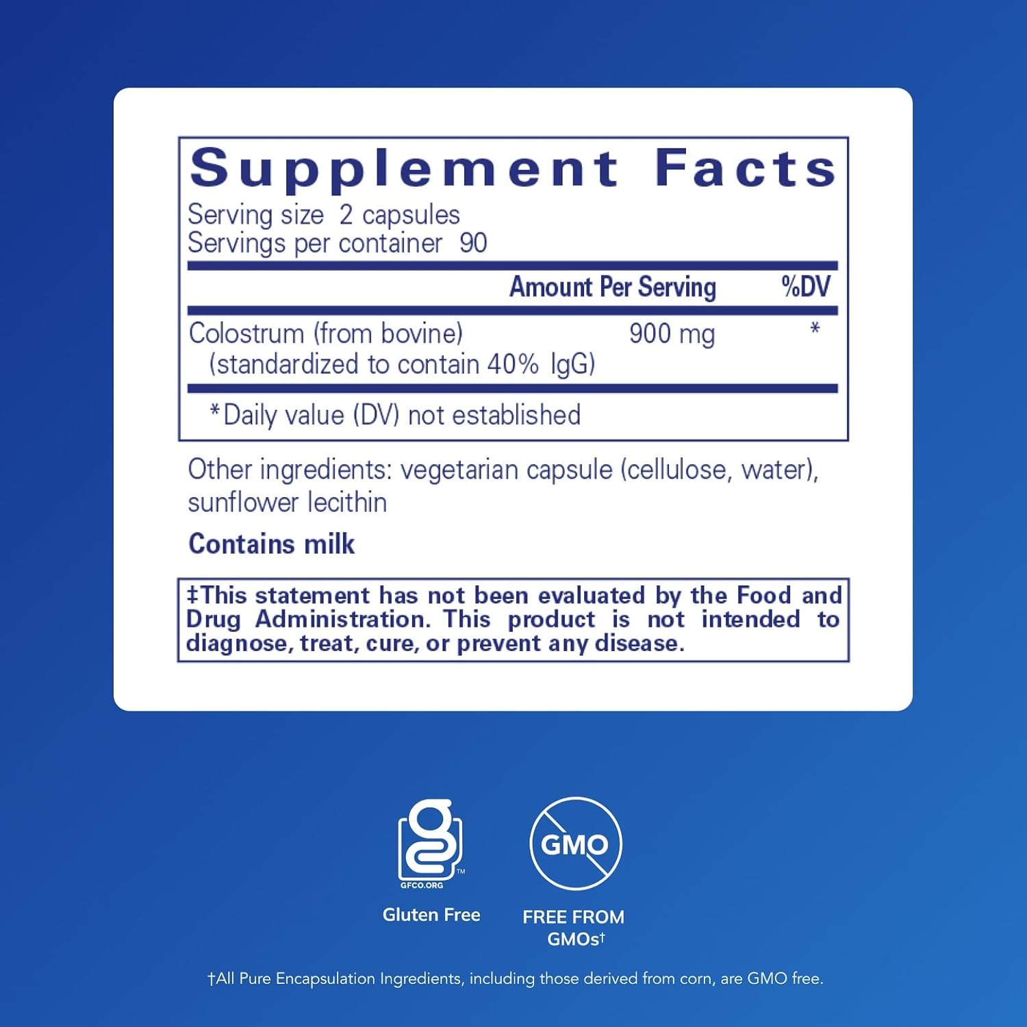 Pure Encapsulations Colostrum - 40% IgG Highly Concentrated Immune Support - 180 Capsules
