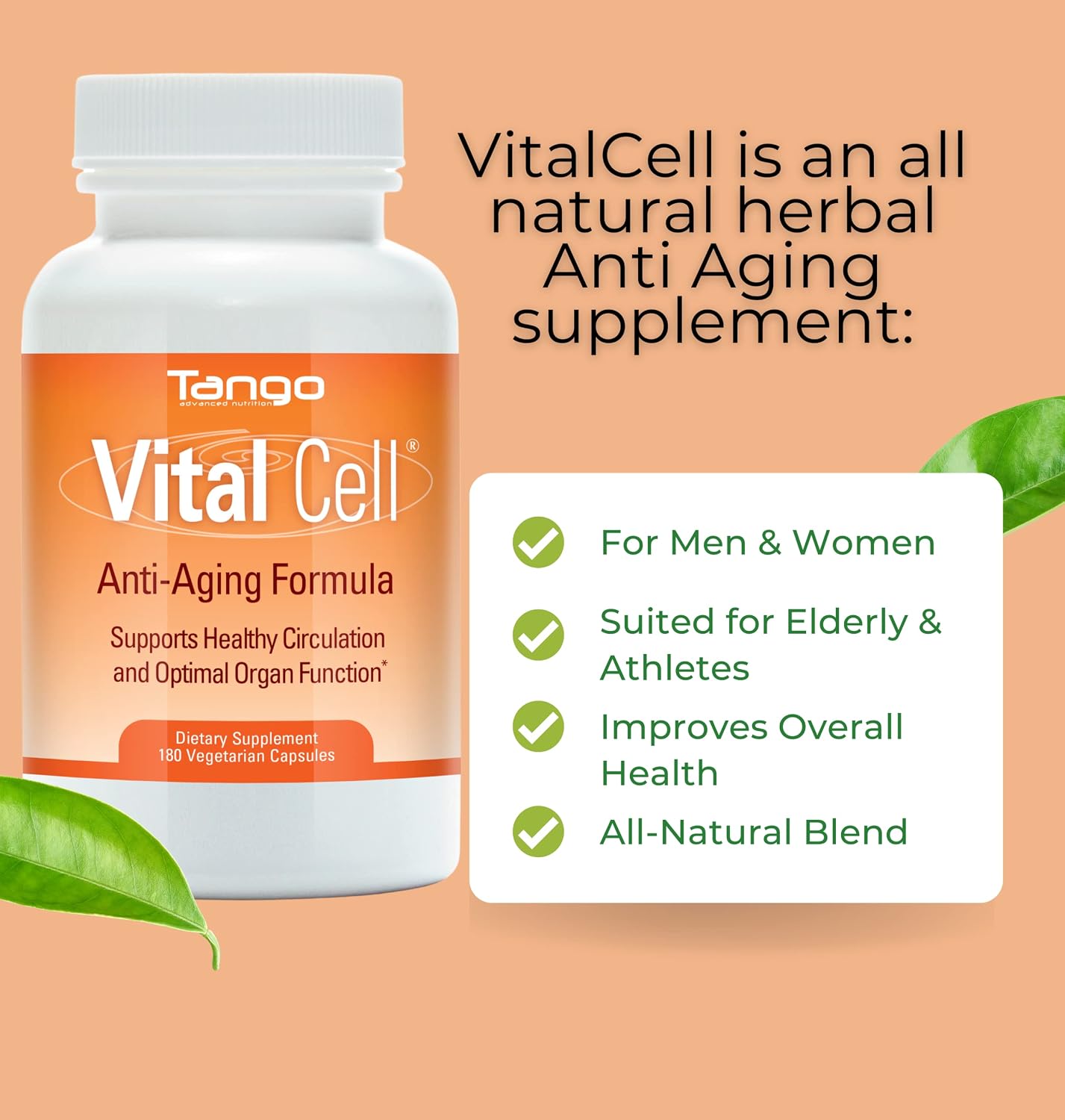 Vital Cell Natural Anti-ageing Supplement for Men and Women, Supporting Circulation and Healthy Organ Function (180 Vegetarian Capsules)