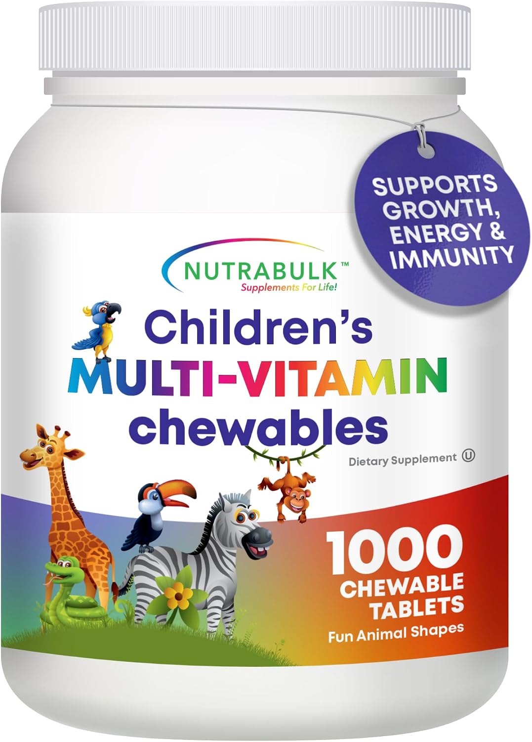 NutraBulk Kids Multivitamin – Chewable Animal Shapes & Fruity Flavors, No Artificial Colours, 1000 Tablets