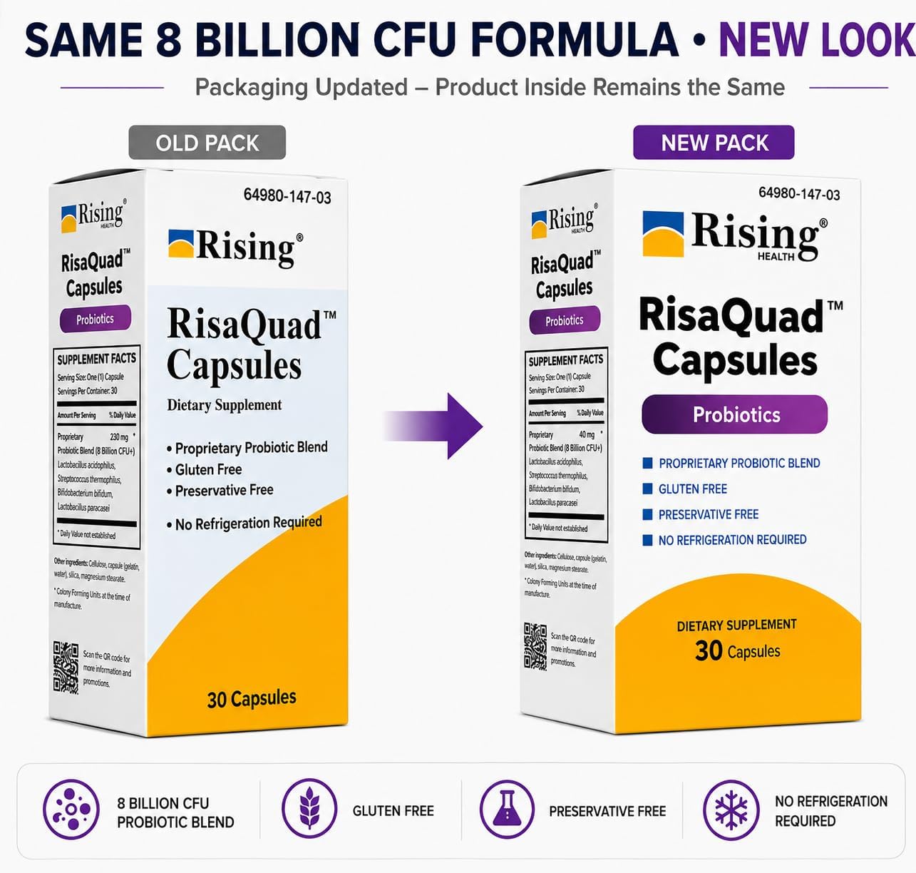 Rising Health RisaQuad™ Probiotic Capsules – 8 Billion CFU for Digestive Health, 30 Capsules