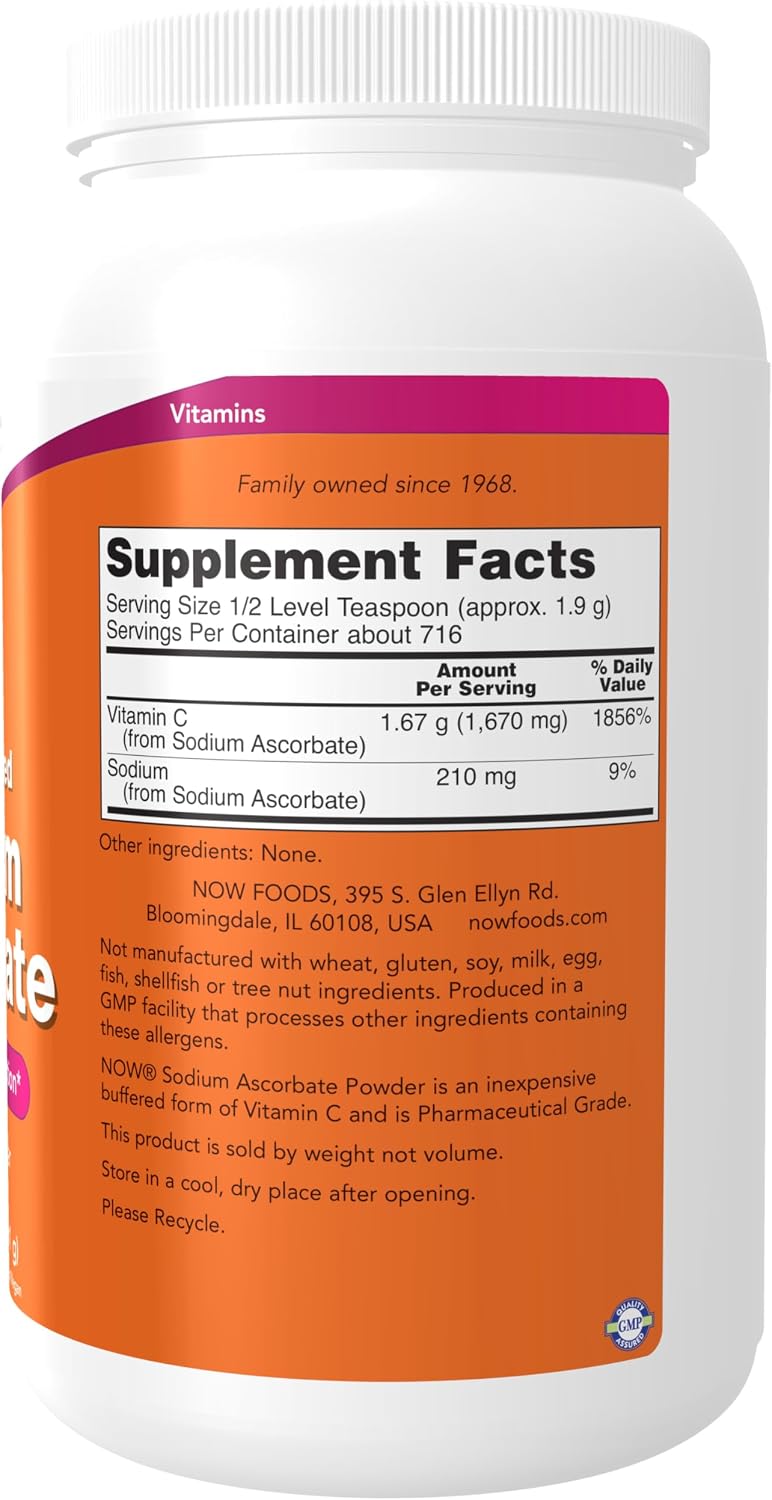 NOW Foods Sodium Ascorbate Powder, Buffered, Antioxidant Protection, 3 lb (1.36 kg)