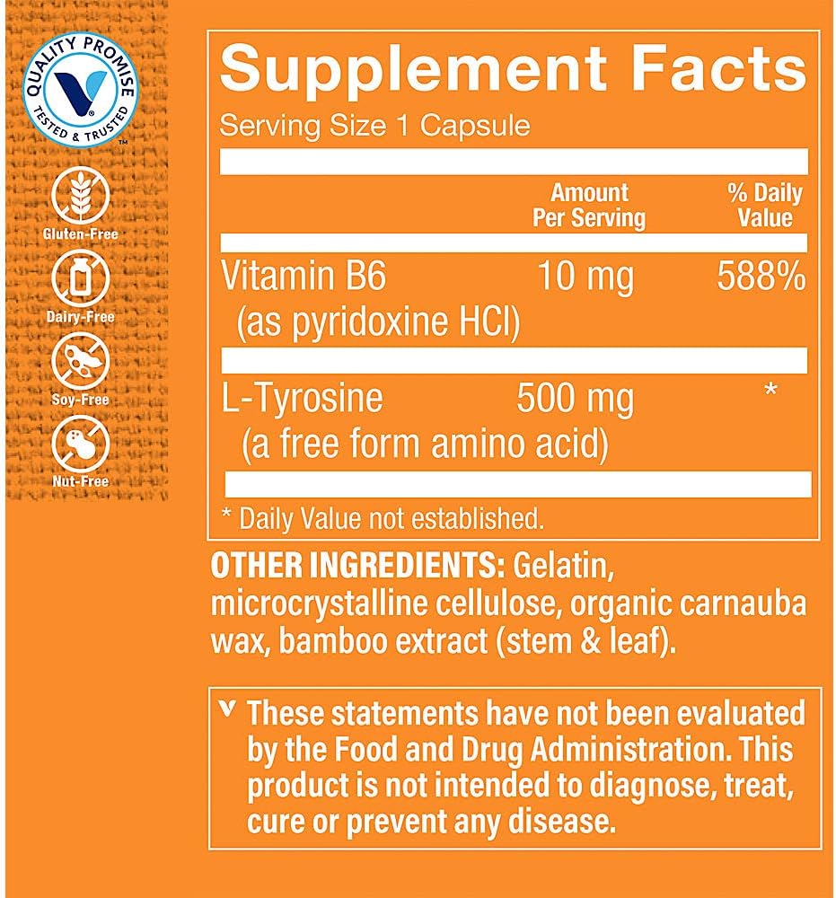 The Vitamin Shoppe L-Tyrosine 500mg – Mental Focus & Stress Support – Free-Form Amino Acid – 300 Capsules