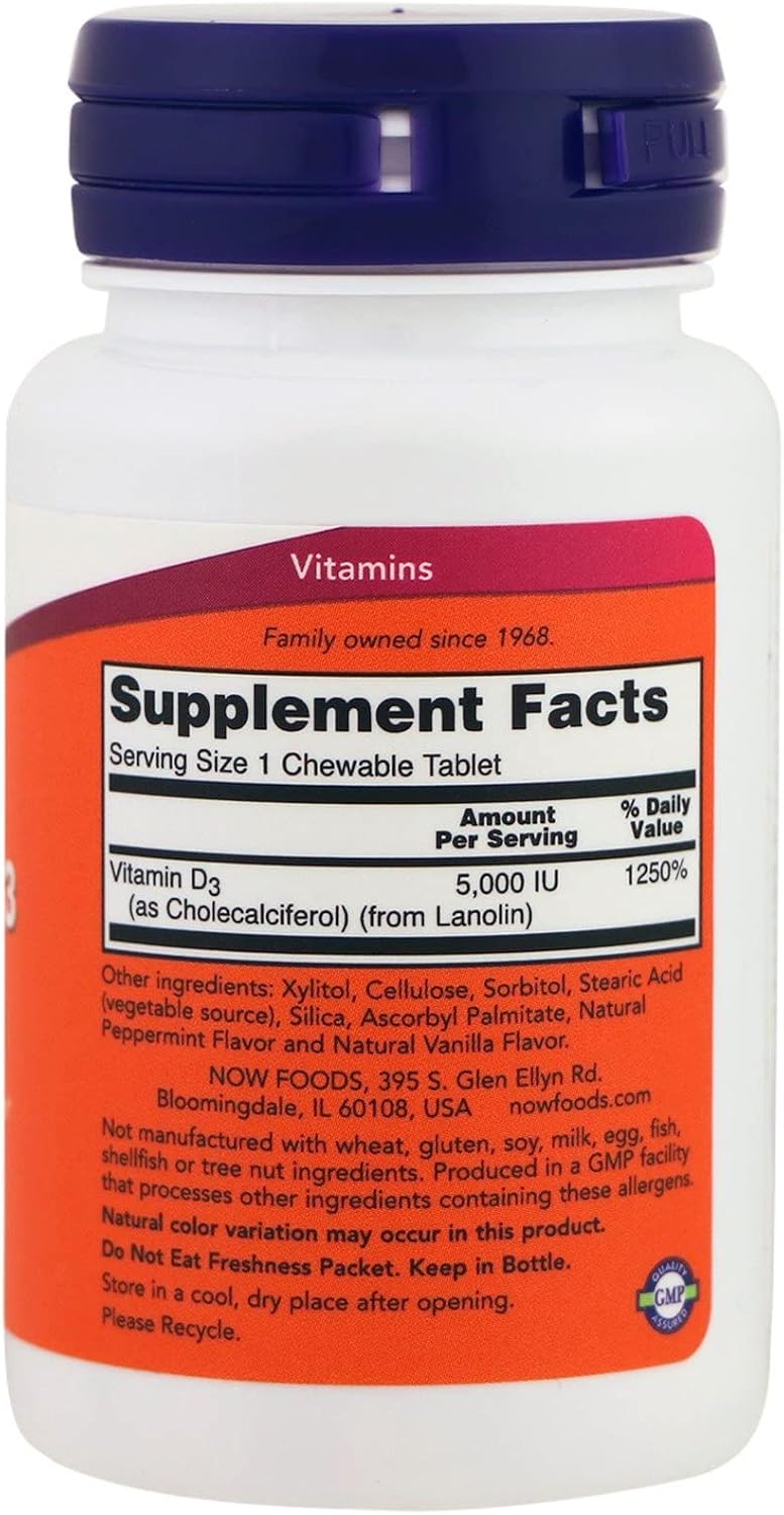NOW Foods Vitamin D-3 5000 IU Chewable Tablets - Natural Mint Flavour, 120 Count