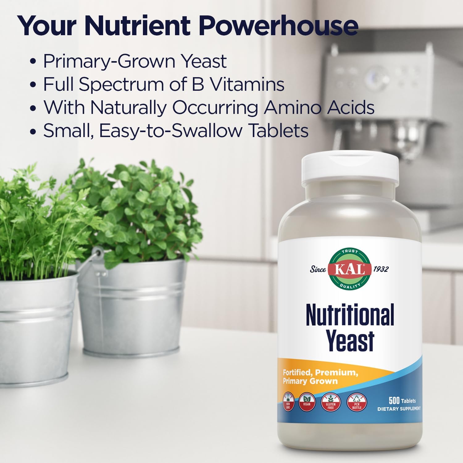 KAL Nutritional Yeast Supplement – Fortified with B Vitamins, Biotin, Folic Acid and Amino Acids – 500 Tablets