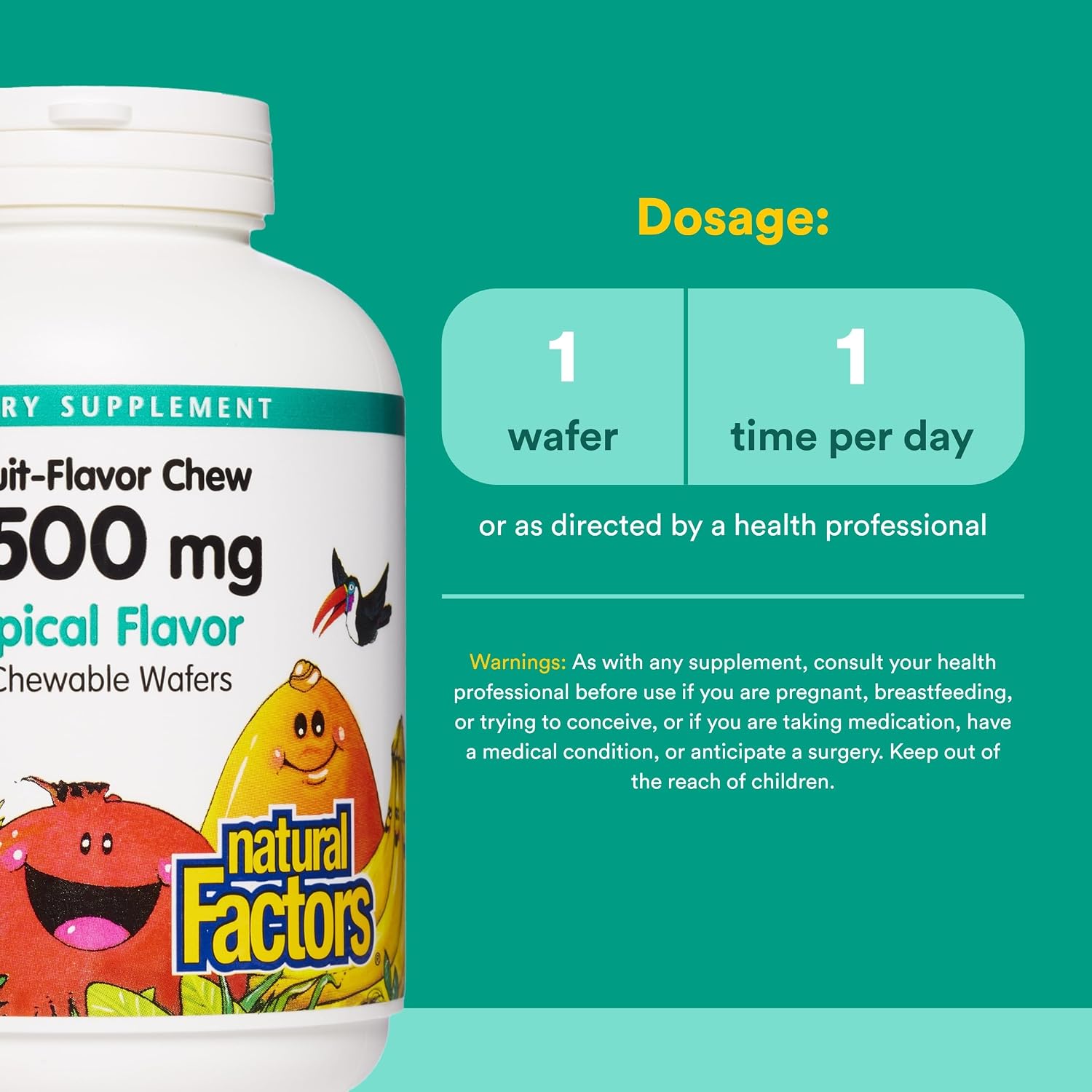 Natural Factors Kids Chewable Vitamin C 500 mg – Supports Immune Function, Bones, Teeth & Gums – Tropical – 180 Wafers
