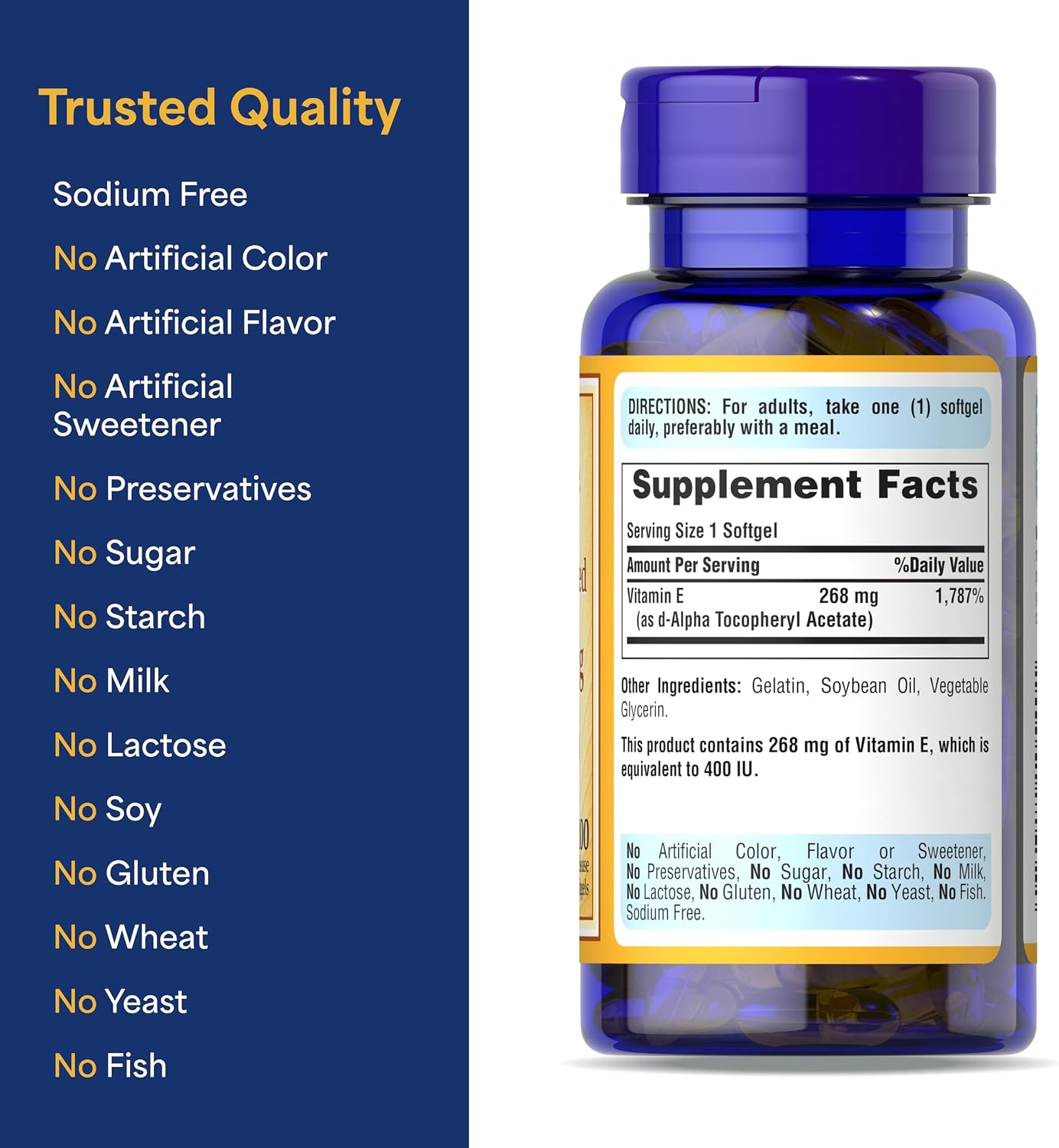 Puritan's Pride Vitamin E 400IU (268 mg) D-Alpha Tocopheryl, 100 Rapid Release Softgels