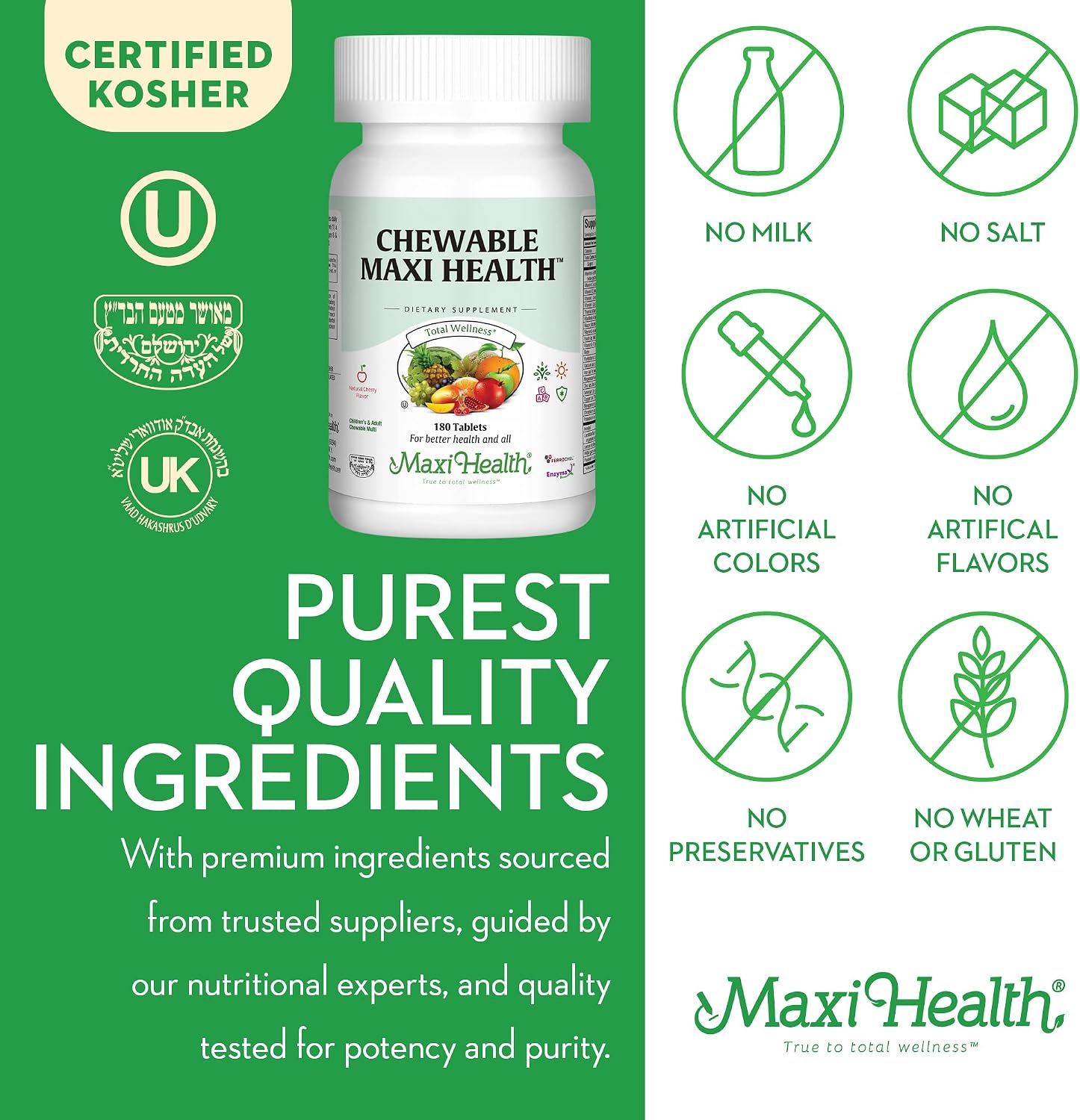 Maxi Health Chewable Multivitamin with Iron – Cherry Flavoured, 180 Tablets