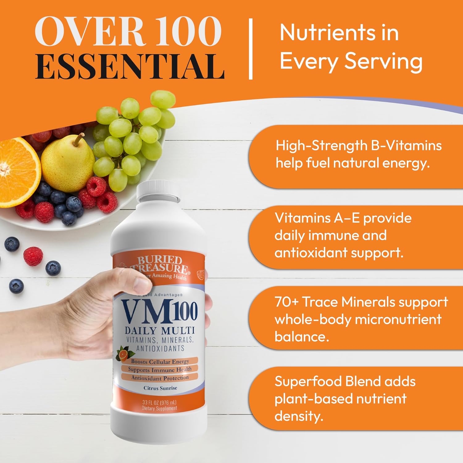 Buried Treasure VM100 Daily Liquid Vitamins and Minerals with Antioxidants, Vegan, Sugar-Free, Orange Zest Flavour, 32 Servings, 32 oz