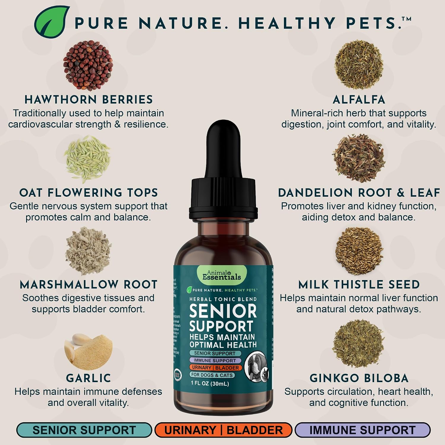 Animal Essentials Senior Support for Dogs & Cats Supplement - Milk Thistle & Herbal Blend, 30 ml
