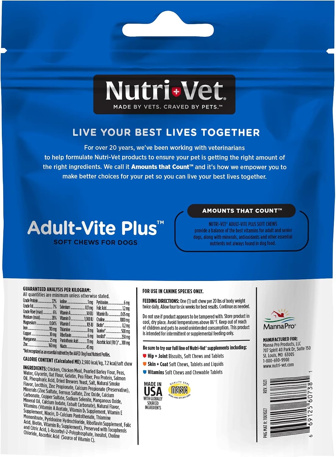 Nutri-Vet Adult-Vite Plus Dog Multivitamin Soft Chews, Daily Dog Supplement with Vitamins Minerals and Antioxidants, Supports Skin, Immune, Joint, and Gut Health, Tasty Chicken Flavour, 70 Count