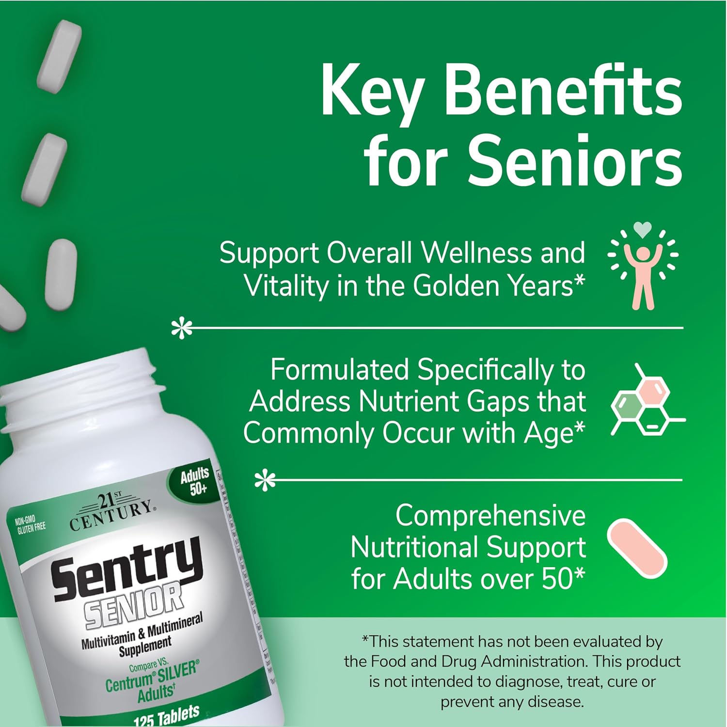 21st Century Sentry Senior Multivitamin for Adults 50+ – Heart, Eye & Bone Health Support, Non-GMO, Gluten-Free, 265 Tablets
