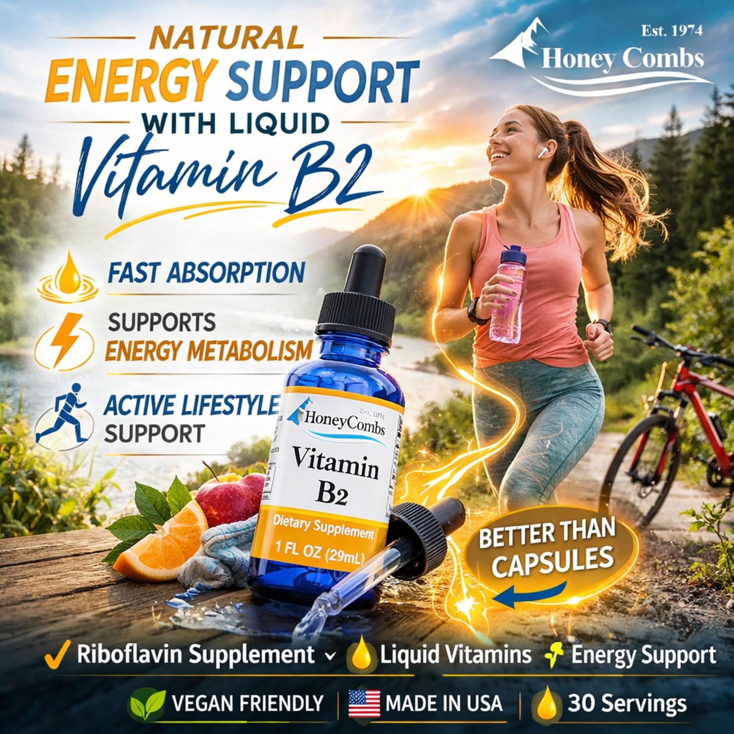 HoneyCombs Vitamin B2 Liquid Drops – High Potency Riboflavin Supplement – Alcohol Free, Vegan – 1 fl oz (30 mL)