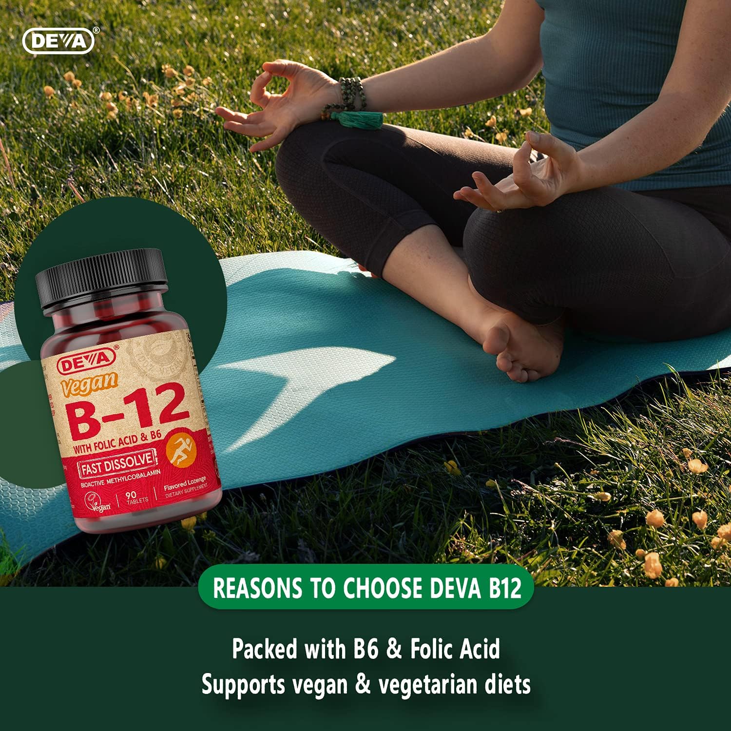 DEVA Vegan Vitamin B12 Fast-Dissolve – Methylcobalamin 1000 mcg with B6 and Folic Acid – Lemon Flavour – 90 Tablets