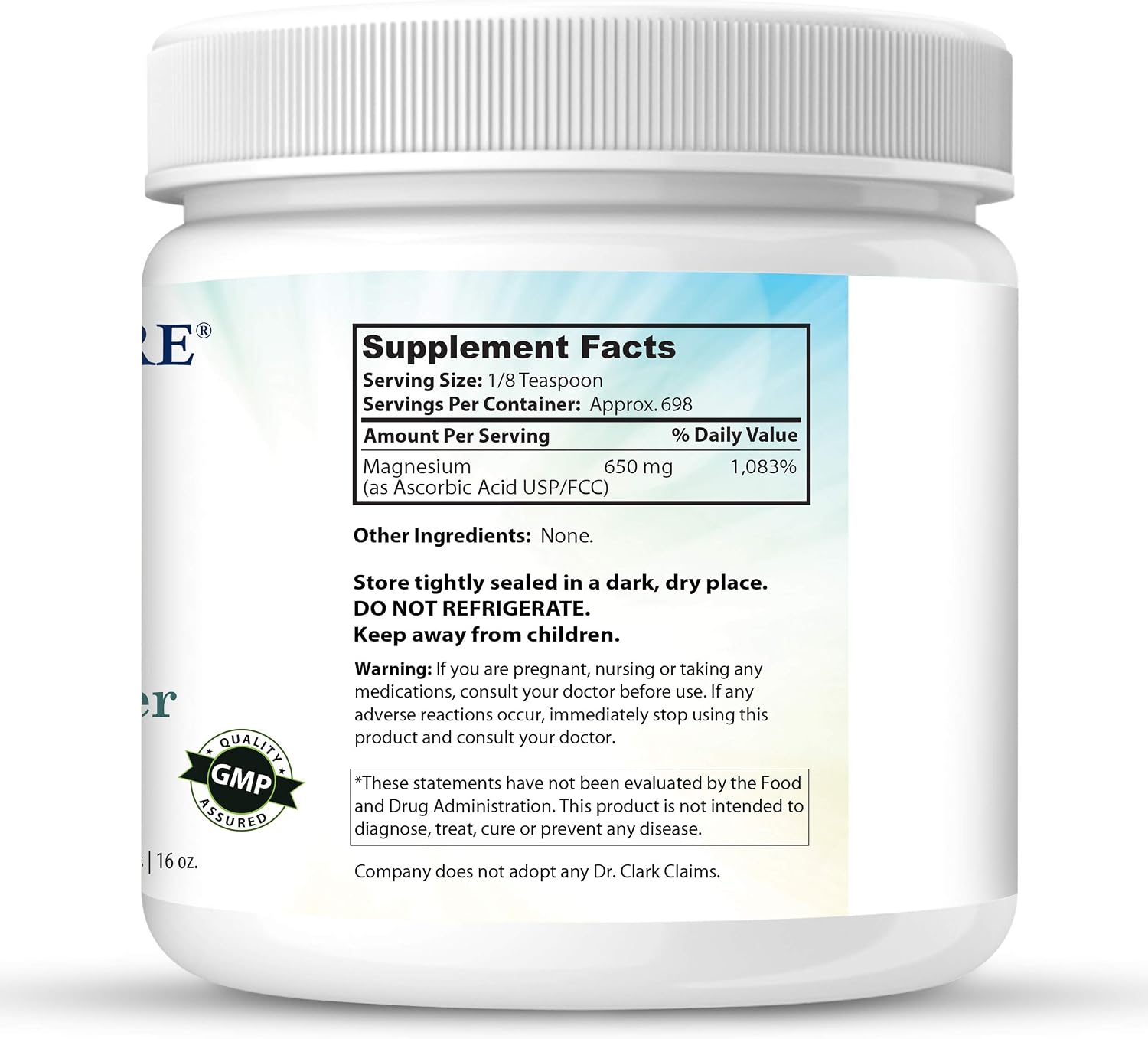 Dr Clark Vitamin C Powder Ascorbic Acid - Immune Support Supplement, Gluten Free, Potent Antioxidant, 454 g
