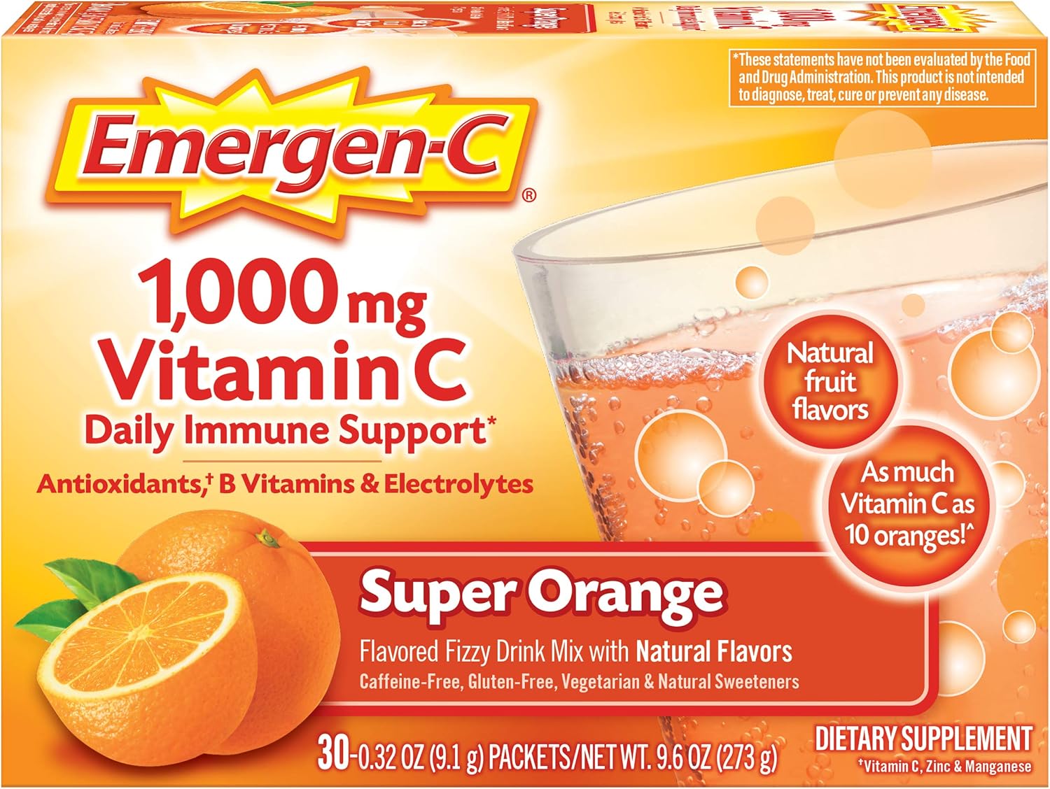 Emergen-C 1000mg Vitamin C Powder for Immune Support, Super Orange Flavour, 30 Count