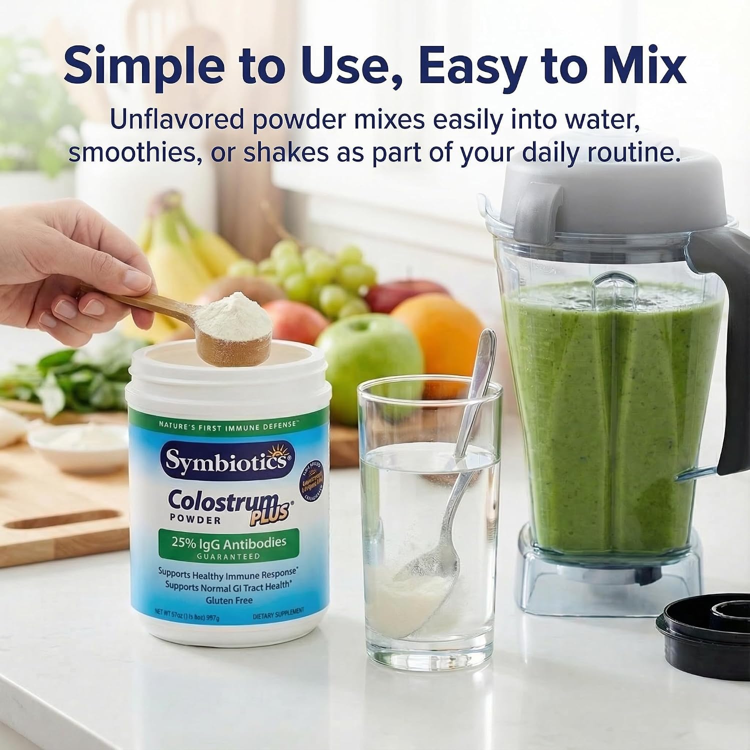 Symbiotics Colostrum Plus Powder – Standardized to 25% IgG Immunoglobulins, Immune & Muscle Recovery Support, Unflavoured, Gluten Free, 64 g