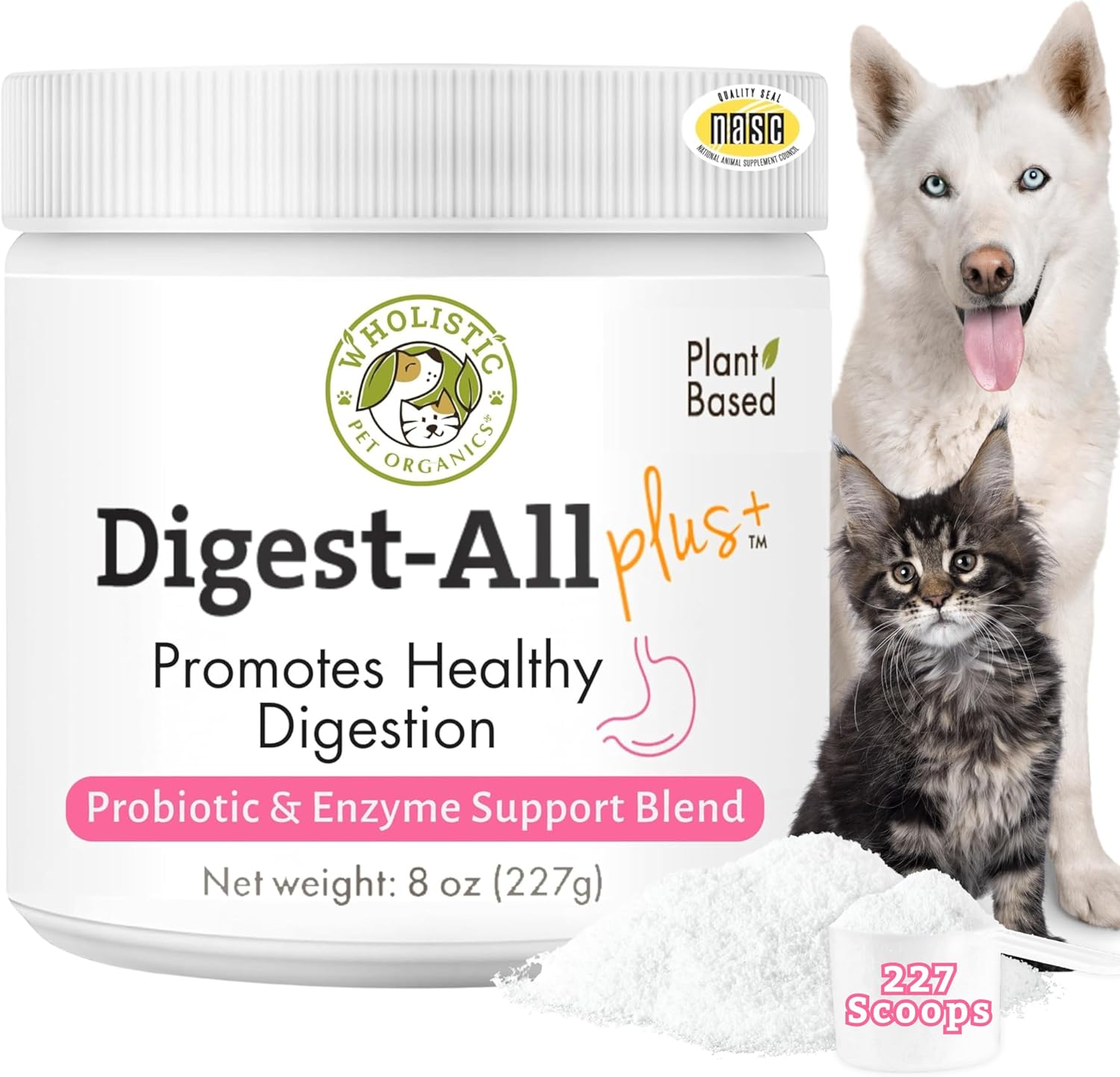 Wholistic Pet Organics Daily Probiotic for Dogs & Cats - Digestive Enzymes & Prebiotic Fiber - 227 g Powder