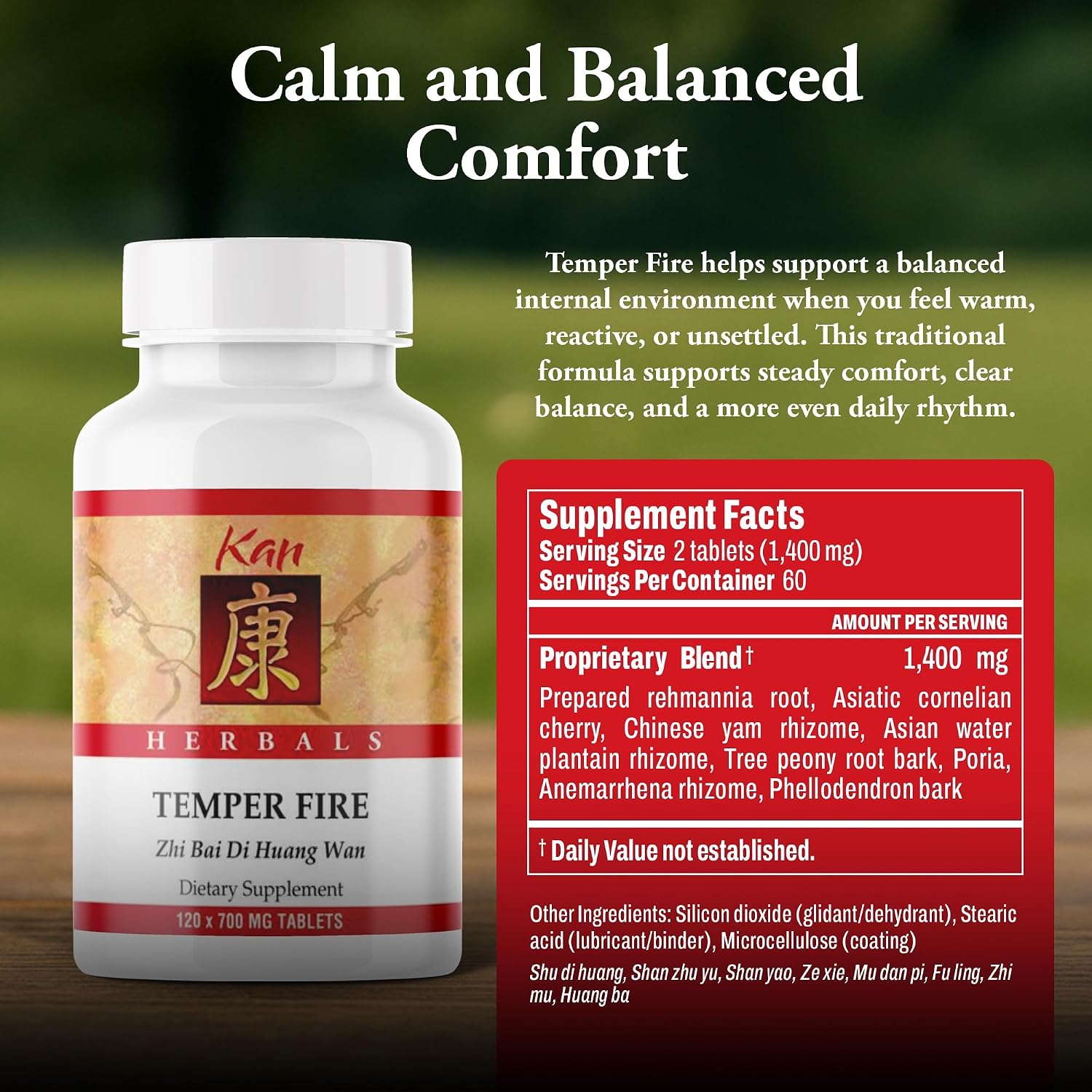 Kan Herb Company Temper Fire – Traditional Herbal Formula with Prepared Rehmannia Anemarrhena Phellodendron Supports Cooling Balance Moisture Comfort Grounded Ease Wellness Aid, 120 Tablets