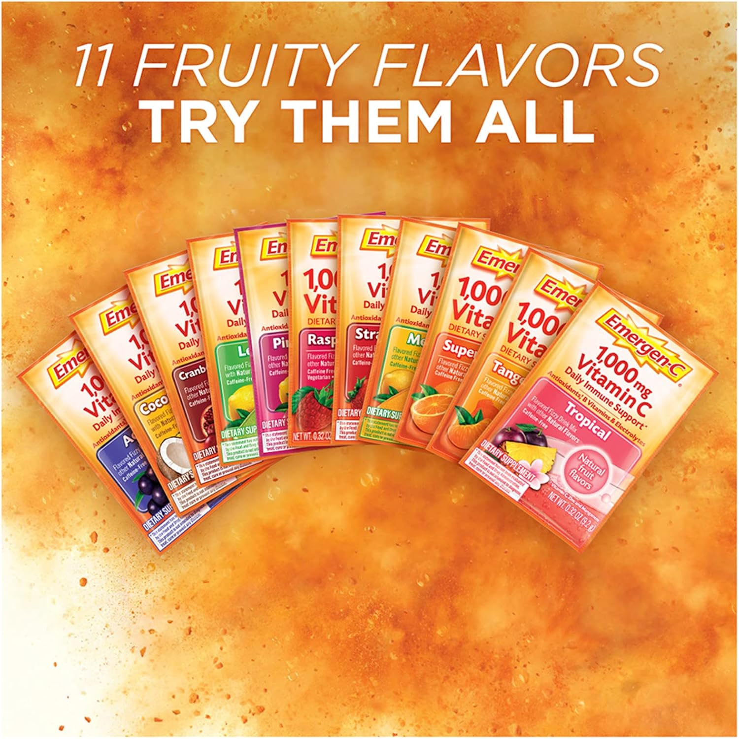 Emergen-C 1000mg Vitamin C Powder for Immune Support, Super Orange Flavour, 30 Count