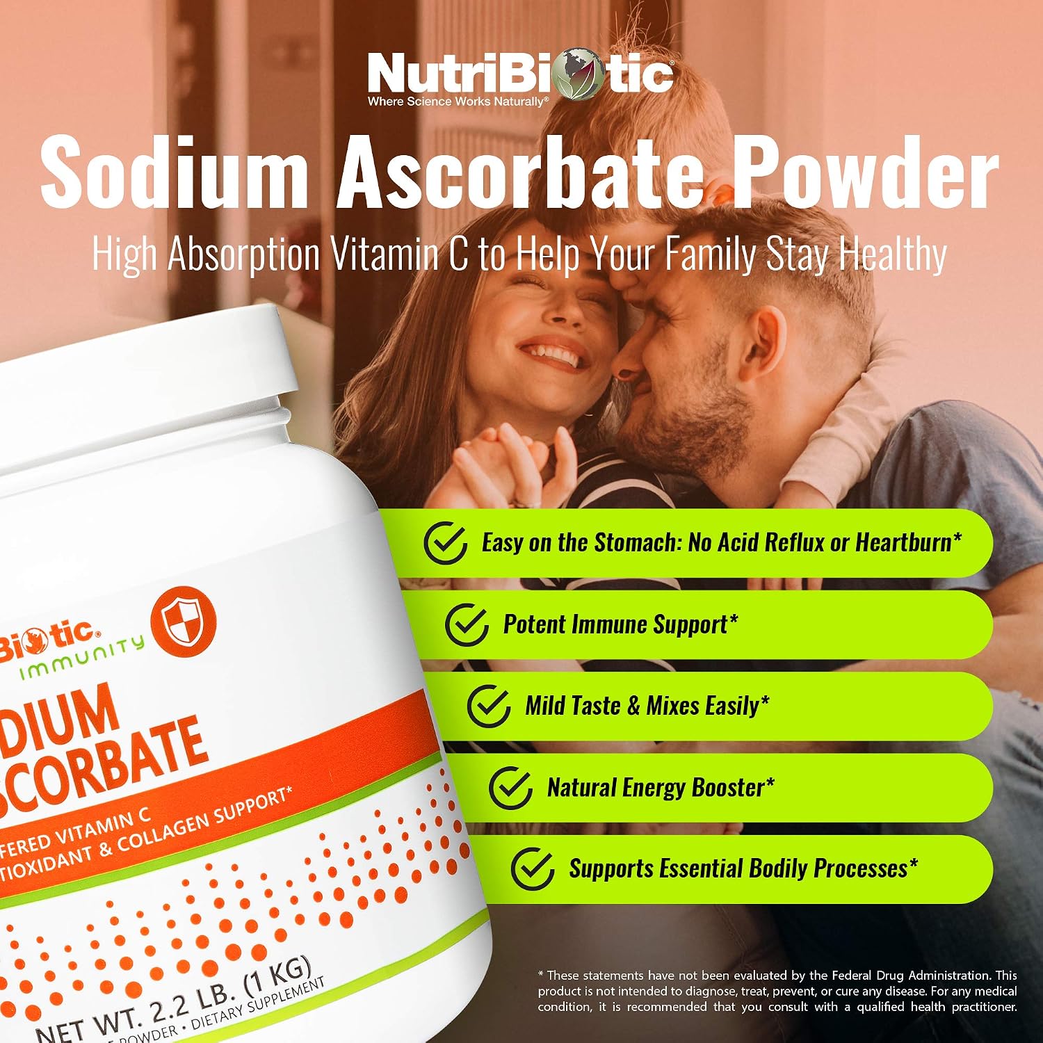 NutriBiotic Sodium Ascorbate Buffered Vitamin C Powder, 1 kg – Vegan, Non-Acidic, Easier on Digestion