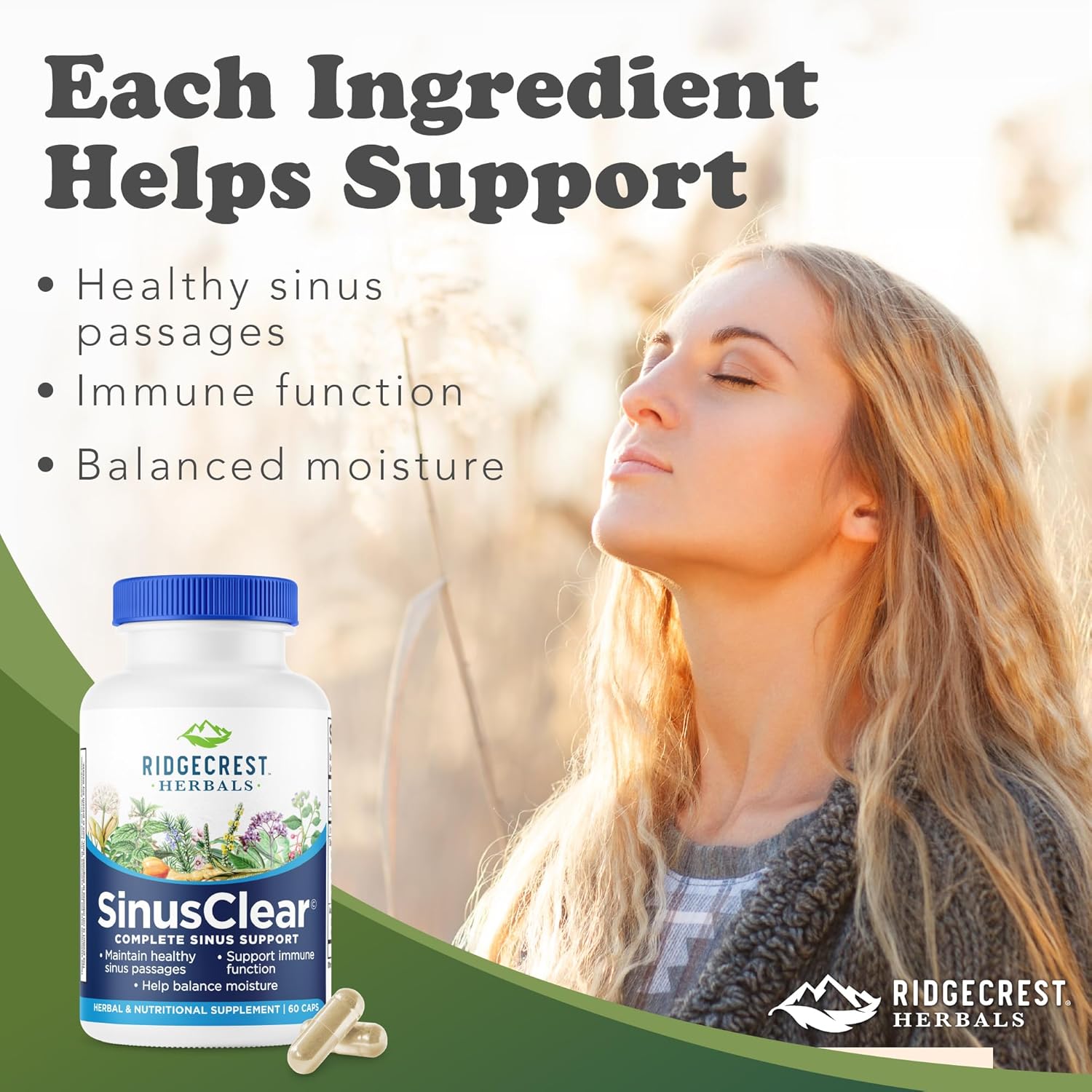 RidgeCrest Herbals SinusClear – Natural Sinus & Respiratory Support with Mullein, Bromelain, Vitamin C, and Zinc (60 Veg Caps)