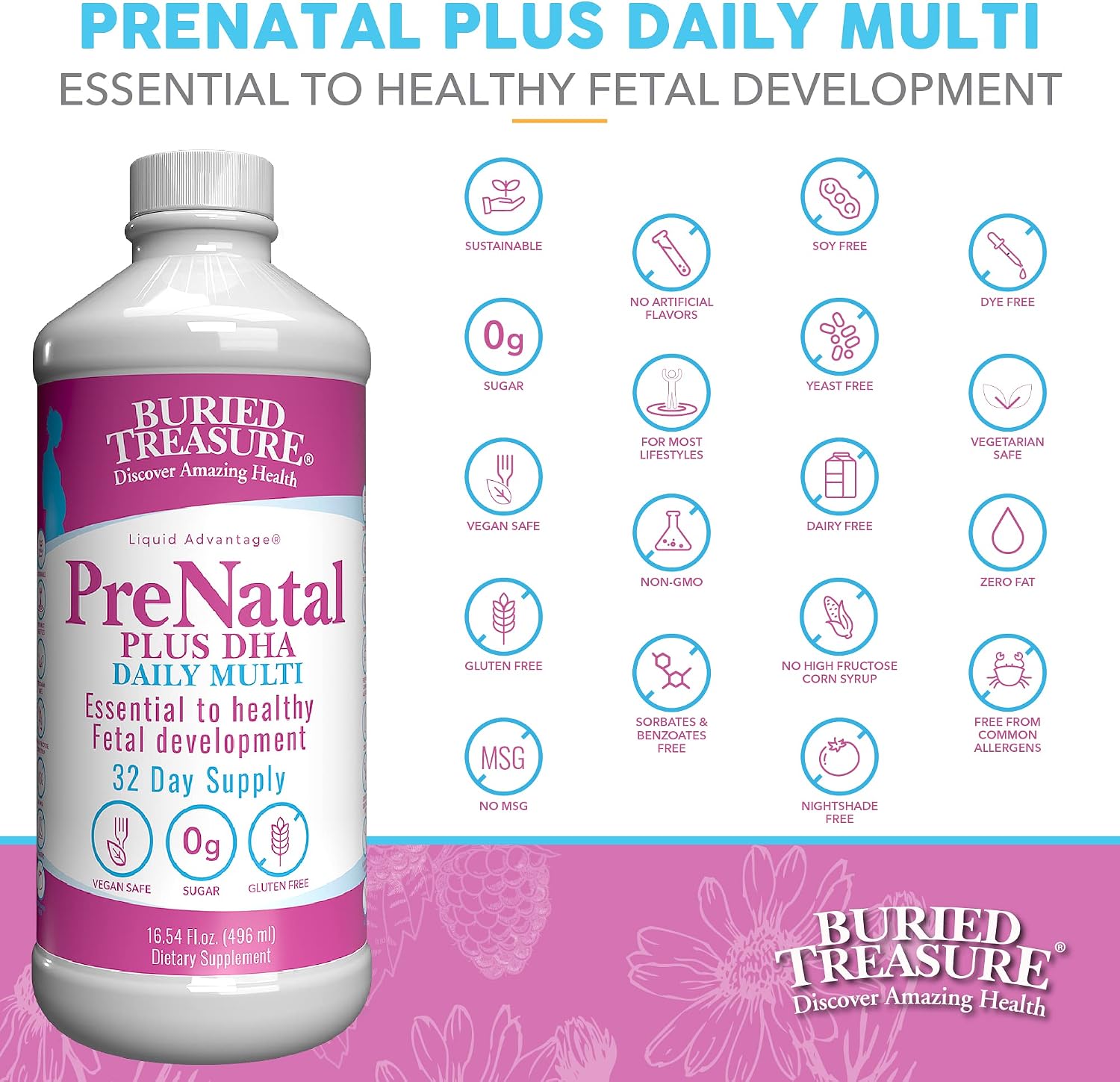 Buried Treasure Prenatal Plus DHA Complete - Liquid Prenatal Vitamin with DHA, Omega-3 and Iron