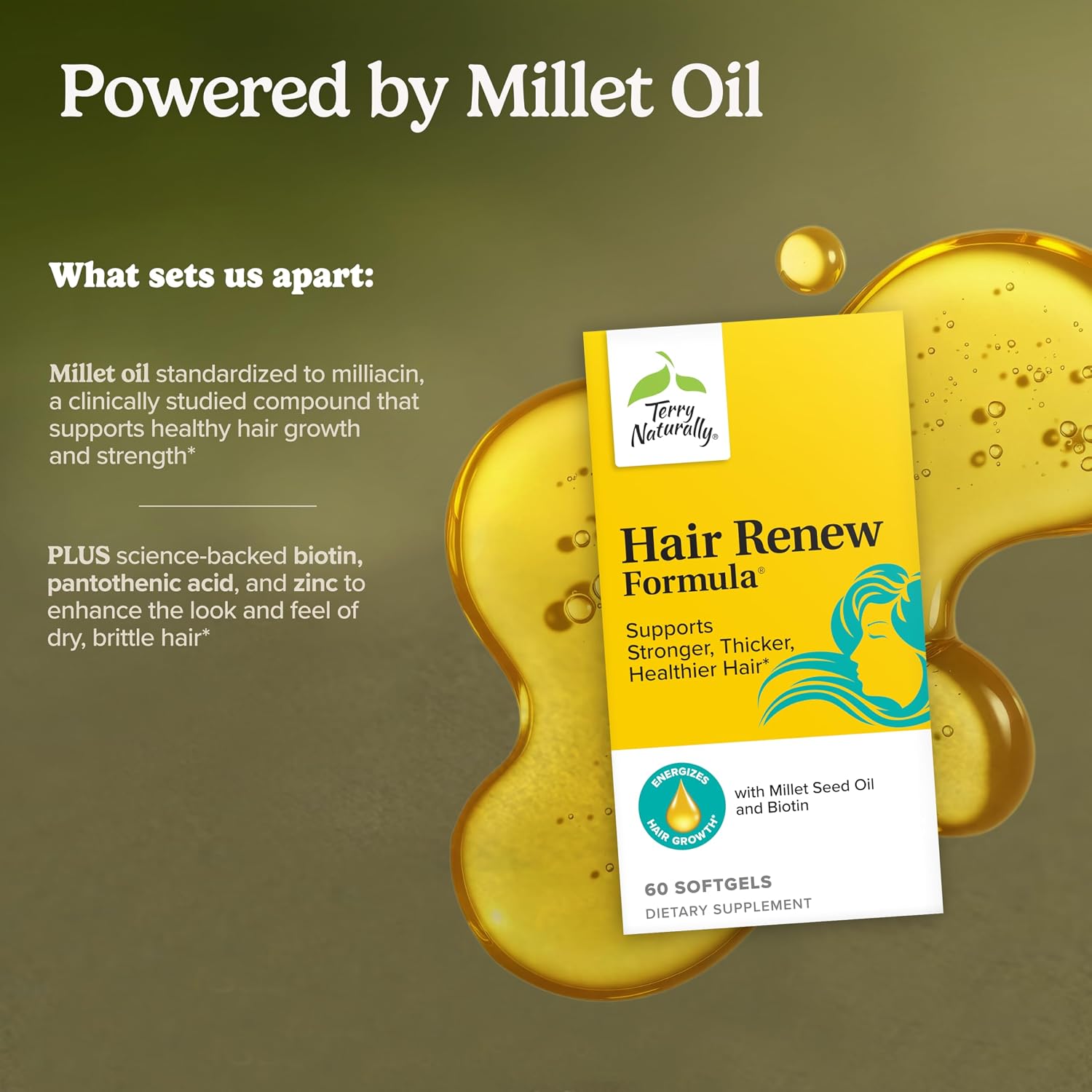 Terry Naturally Hair Renew Formula - 60 Softgels - Supports Healthy Hair, Nourishes Thinning Hair, with Millet Seed Oil, Horsetail, Biotin & Folic Acid - Gluten-Free - 30 Servings