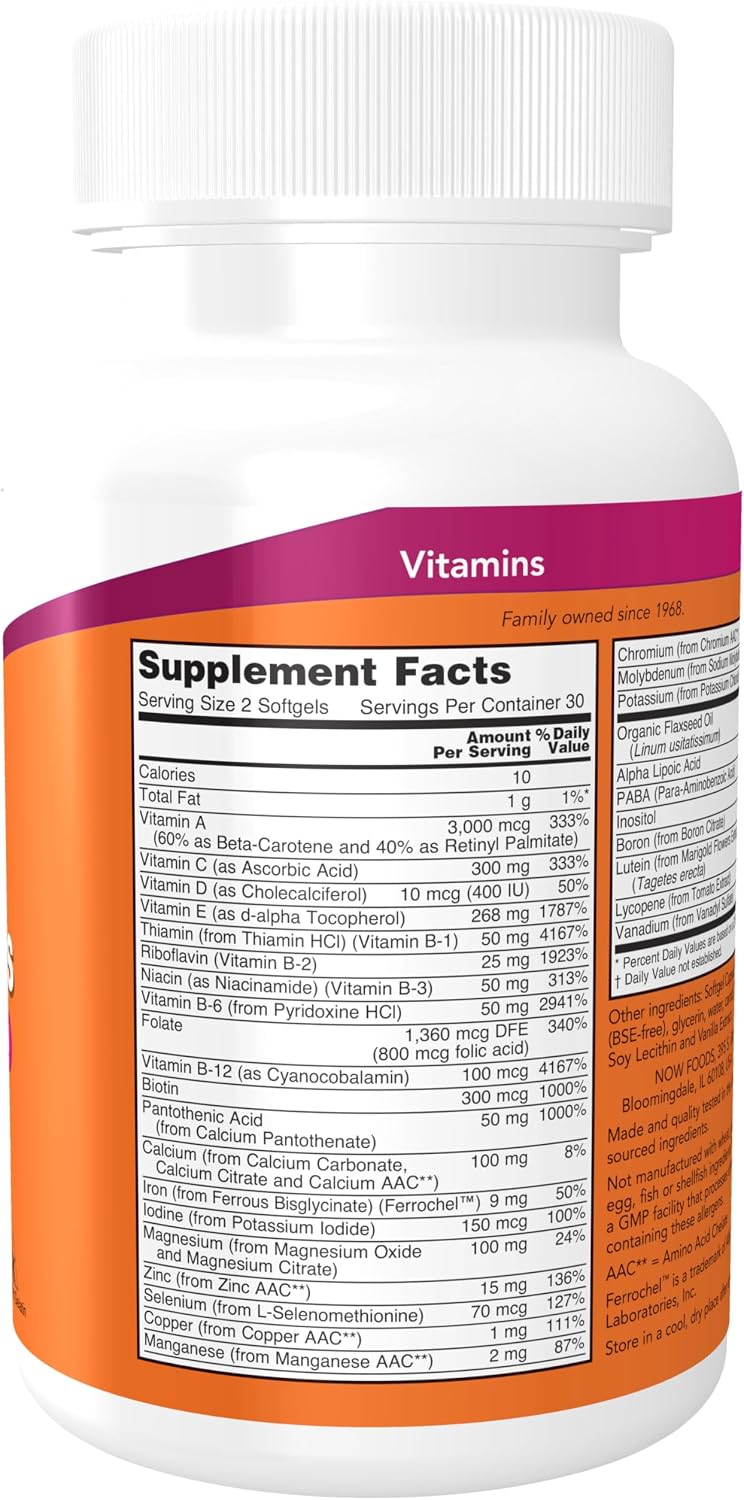 NOW Foods Liquid Multi Gels with Lutein, Lycopene and Flax Seed Oil, 60 Softgels
